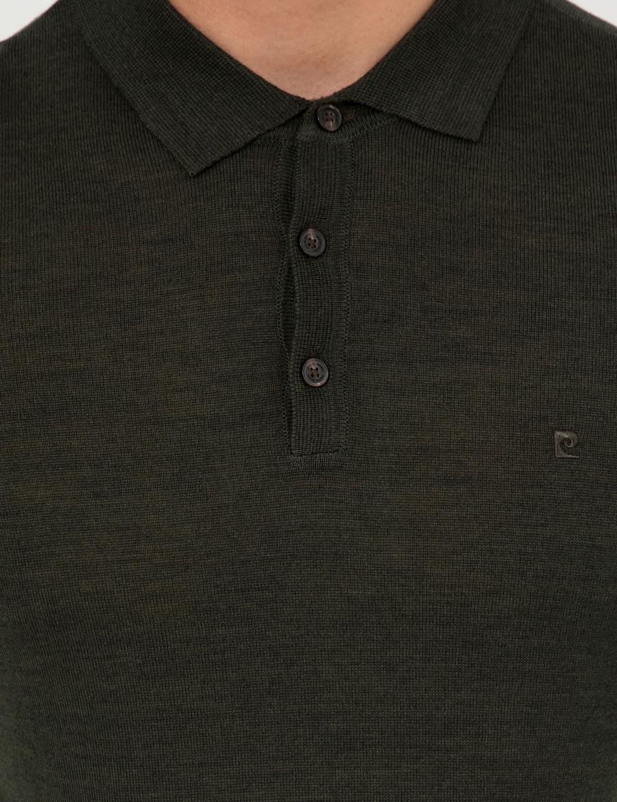 Yeşil Regular Fit Polo Yaka Yün Karışımlı Basic Triko Kazak