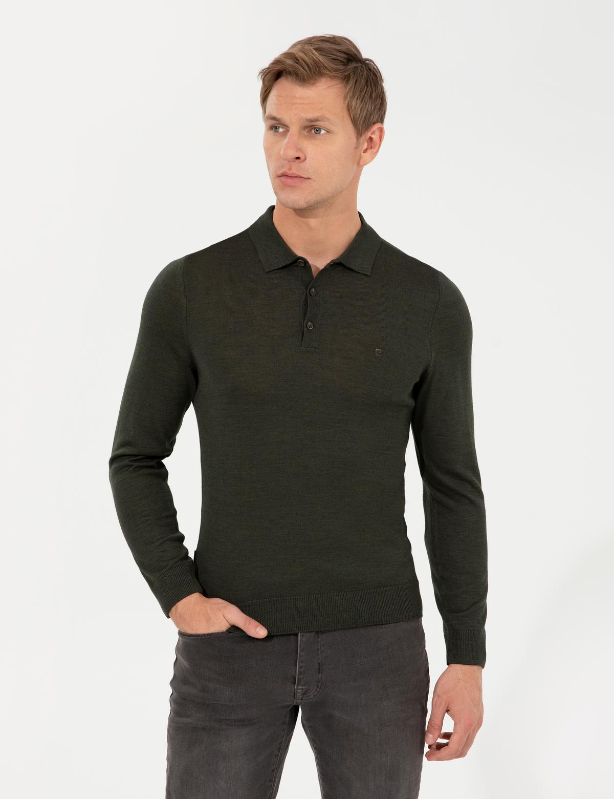 Yeşil Regular Fit Polo Yaka Yün Karışımlı Basic Triko Kazak - 50237775128