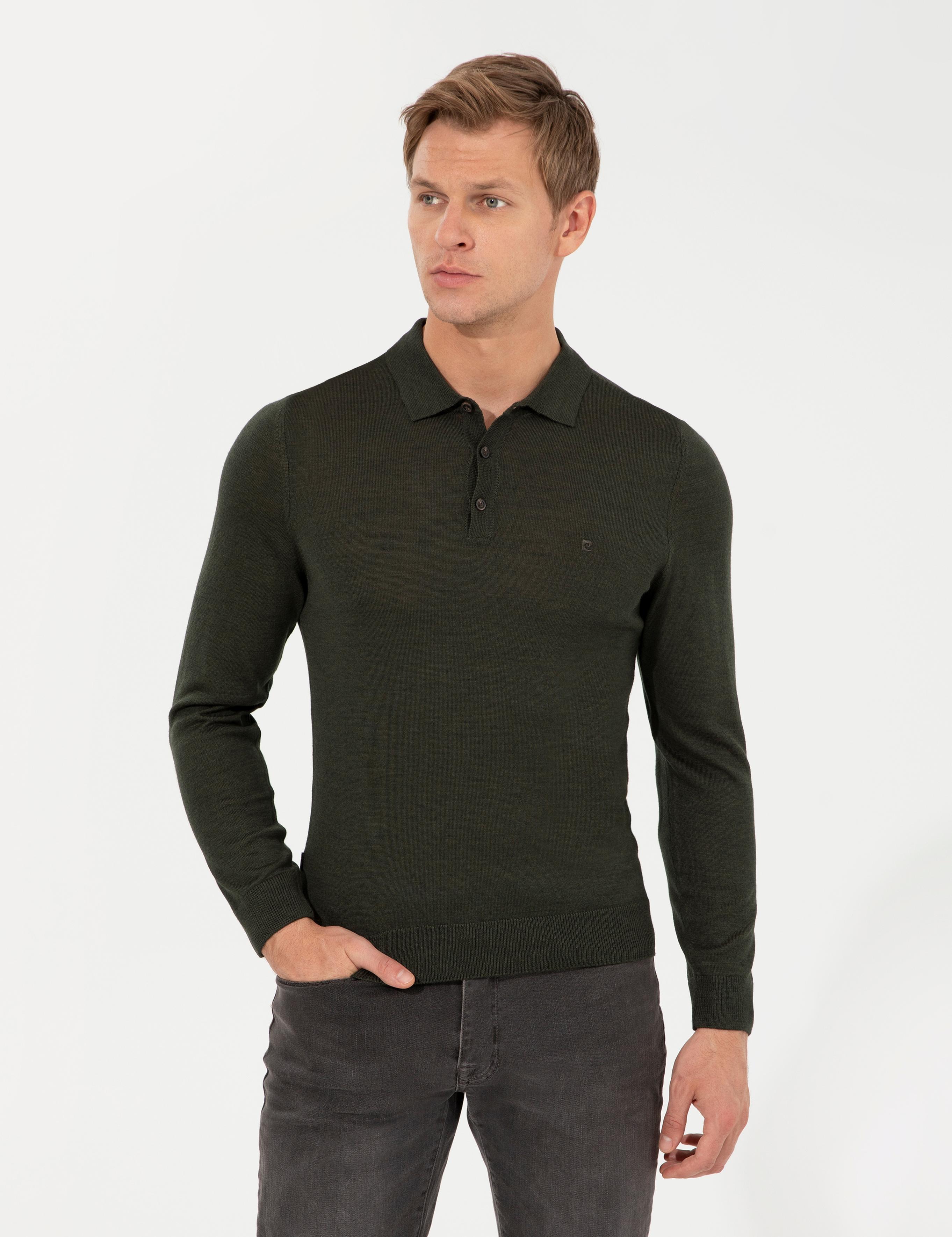 Yeşil Regular Fit Polo Yaka Yün Karışımlı Basic Triko Kazak