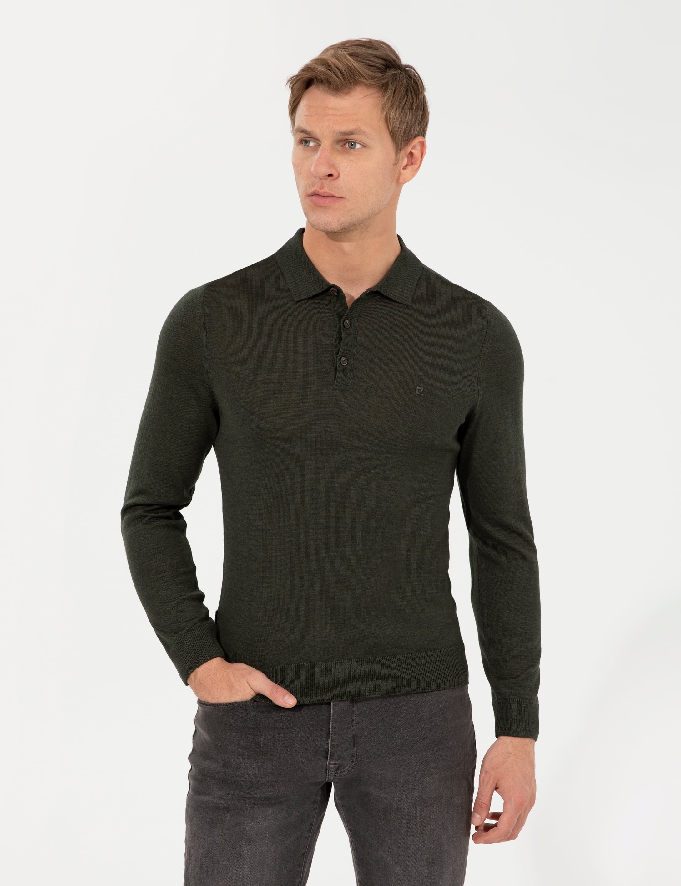 Yeşil Regular Fit Polo Yaka Yün Karışımlı Basic Triko Kazak