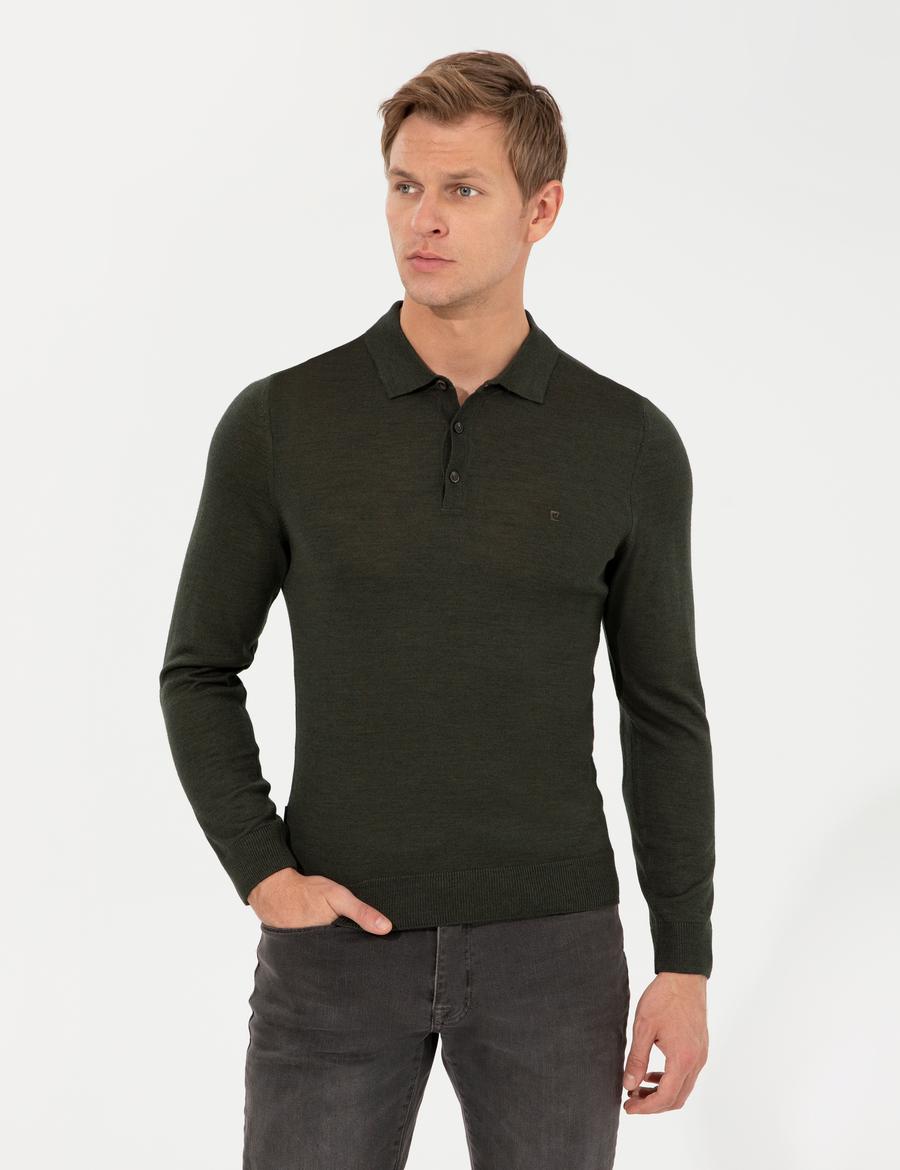 Yeşil Regular Fit Polo Yaka Yün Karışımlı Basic Triko Kazak