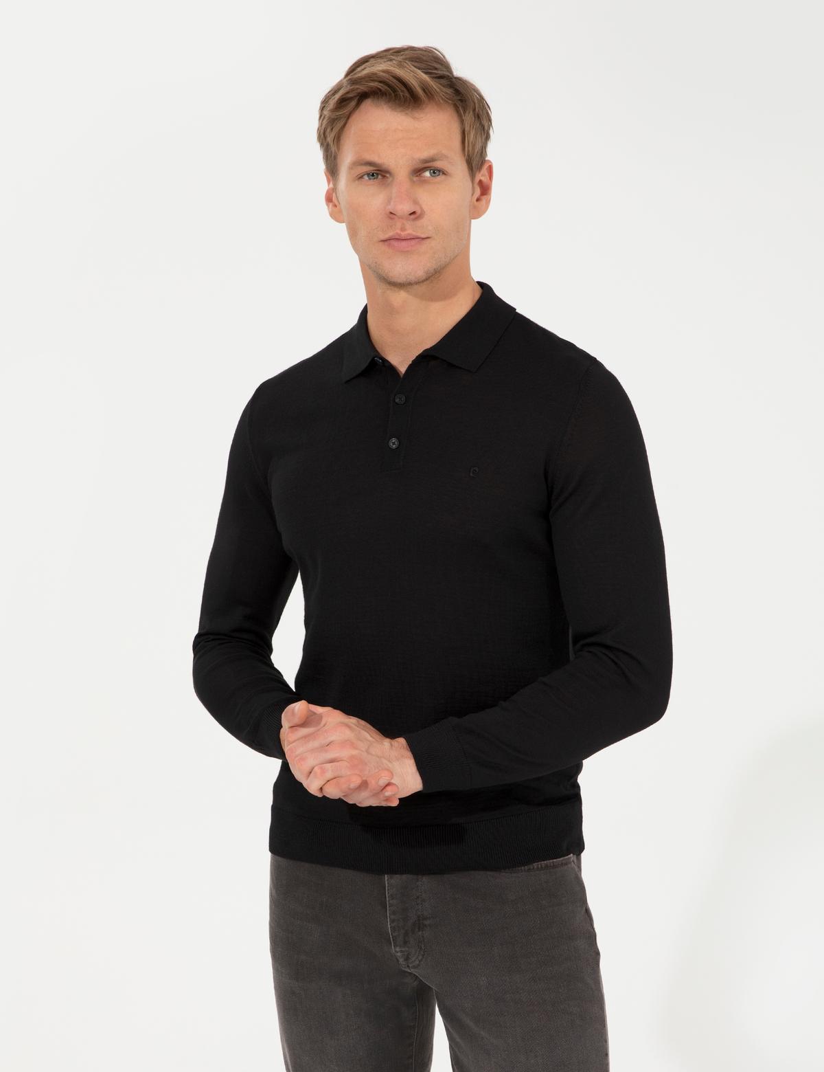 Siyah Regular Fit Polo Yaka Yün Karışımlı Basic Triko Kazak