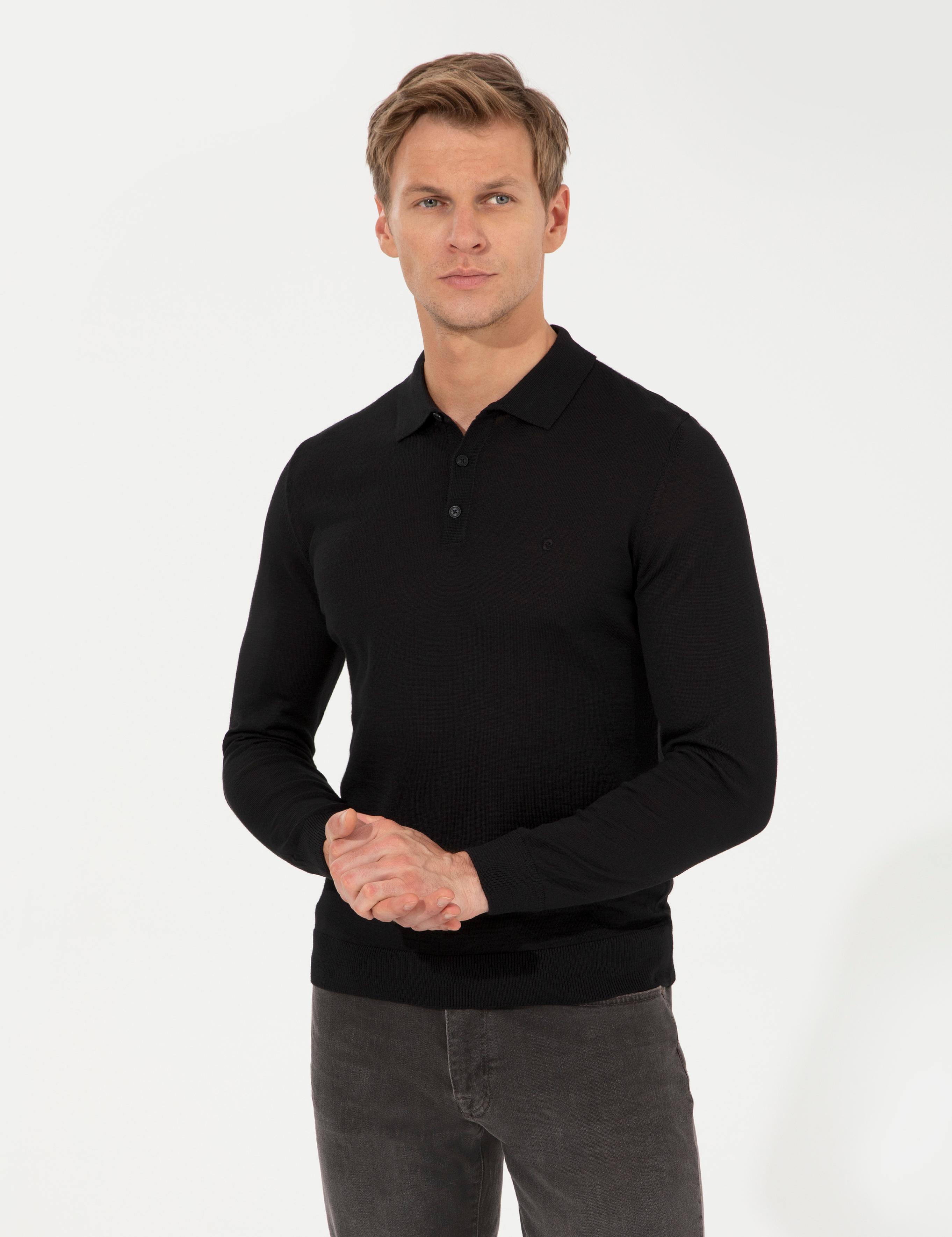 Siyah Regular Fit Polo Yaka Yün Karışımlı Basic Triko Kazak