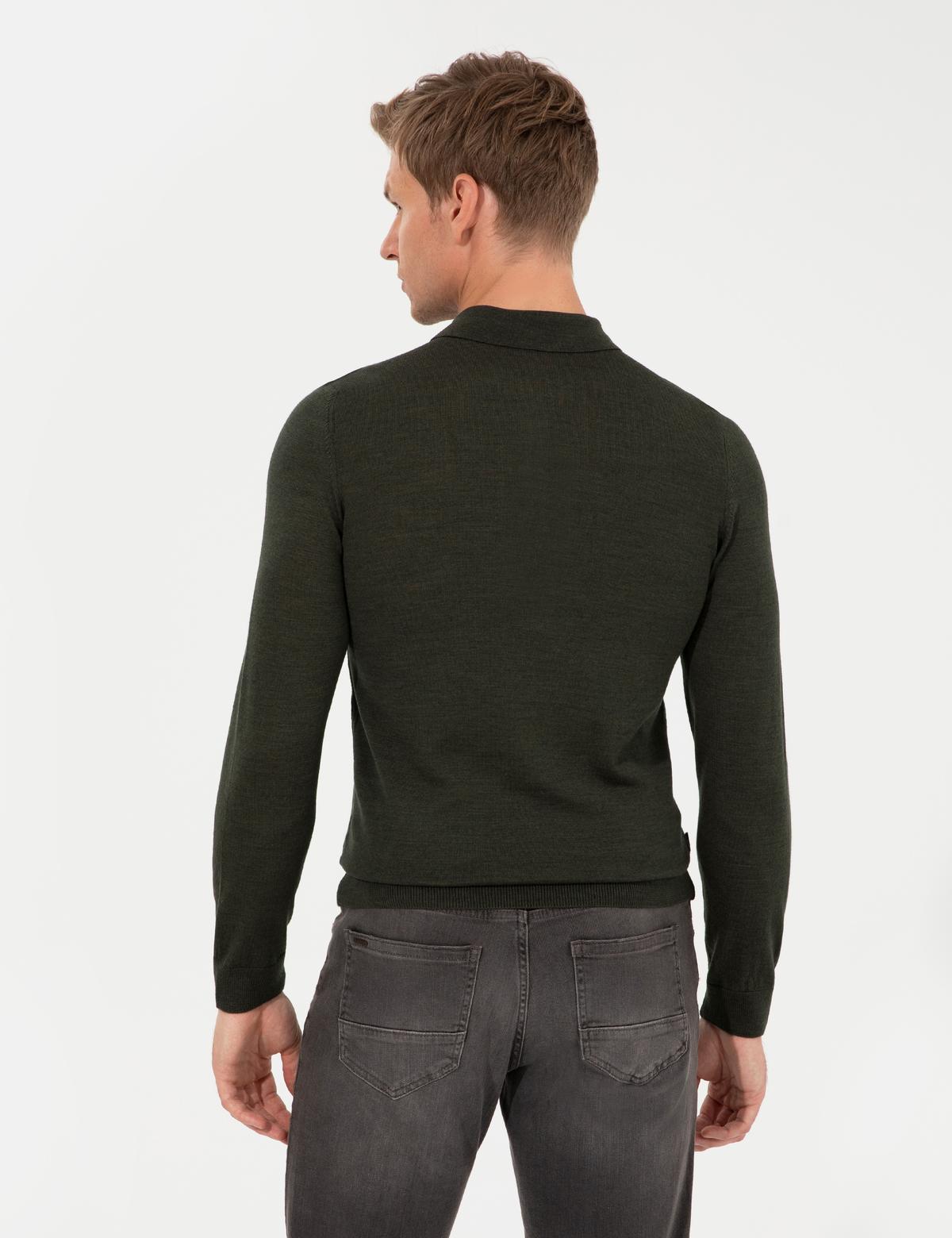 Yeşil Regular Fit Polo Yaka Yün Karışımlı Basic Triko Kazak - 50237775128