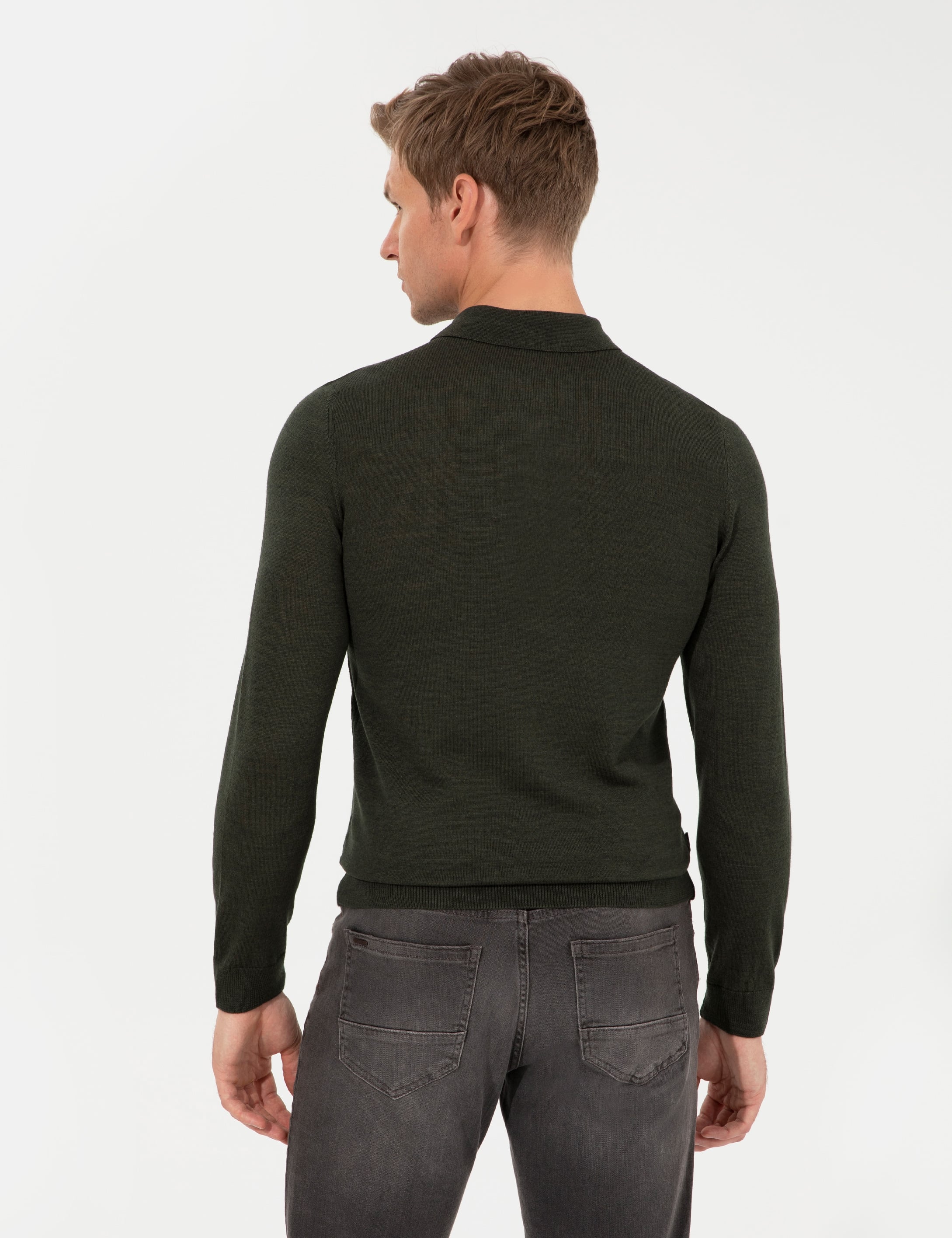 Yeşil Regular Fit Polo Yaka Yün Karışımlı Basic Triko Kazak