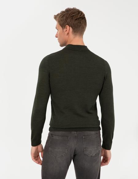 Yeşil Regular Fit Polo Yaka Yün Karışımlı Basic Triko Kazak - 50237775128