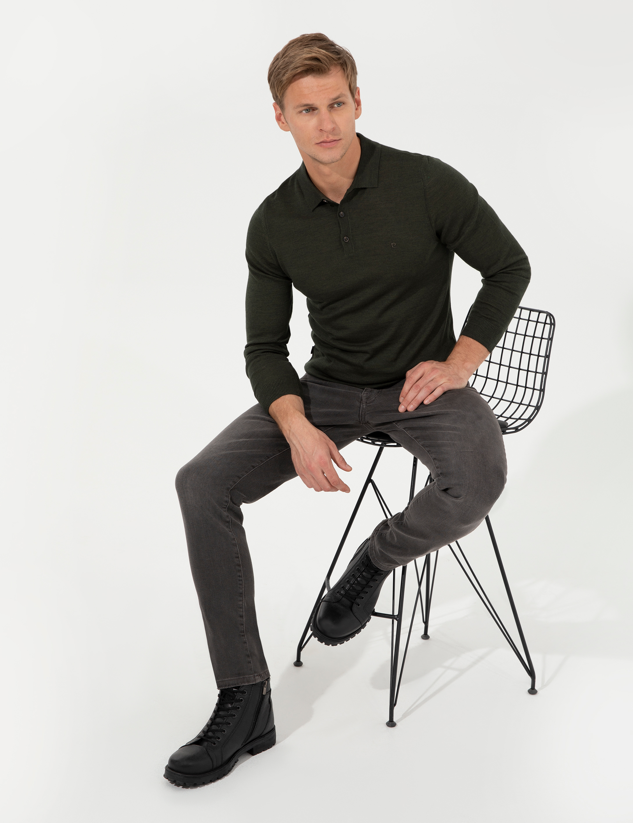 Yeşil Regular Fit Polo Yaka Yün Karışımlı Basic Triko Kazak