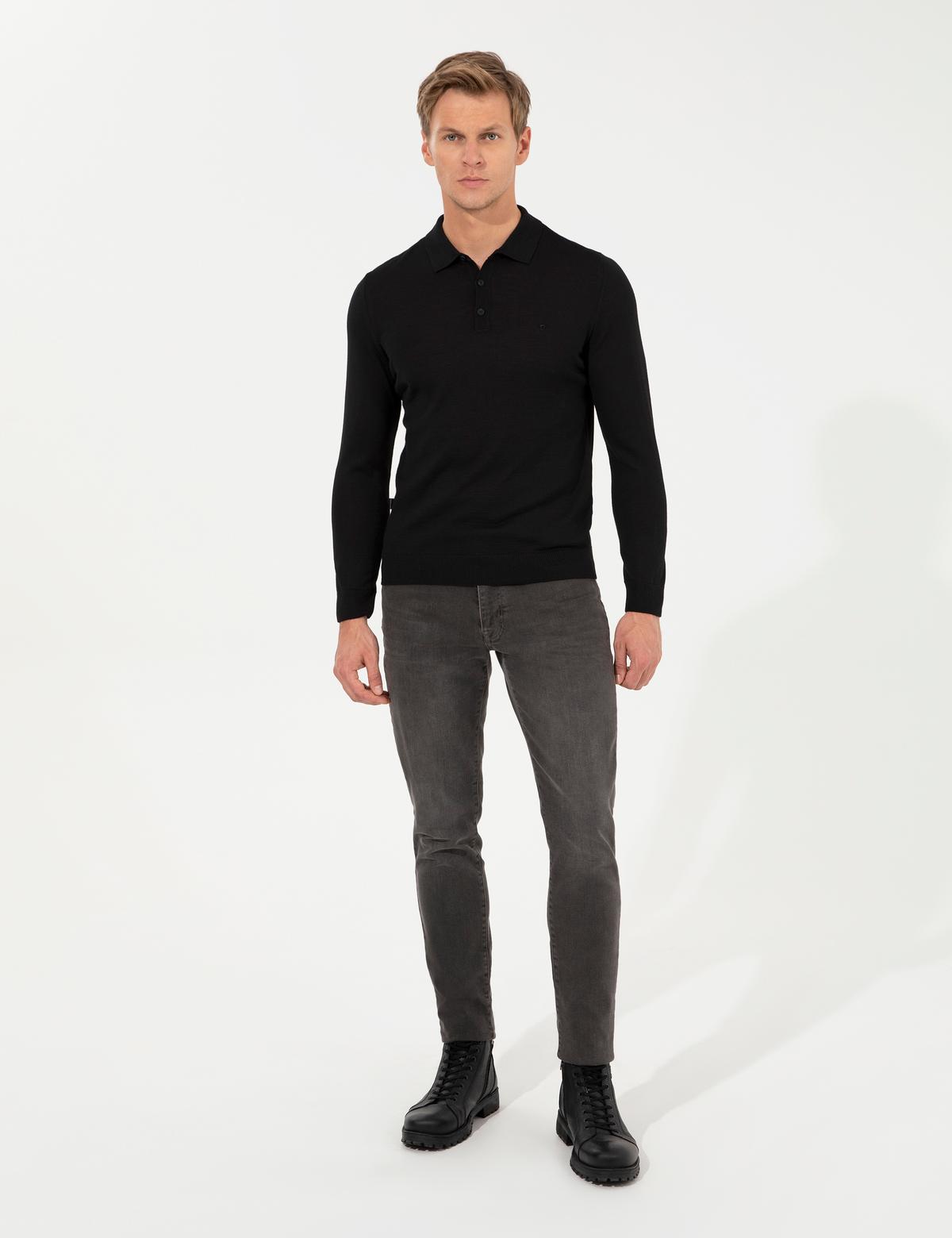 Siyah Regular Fit Polo Yaka Yün Karışımlı Basic Triko Kazak - 50237775003