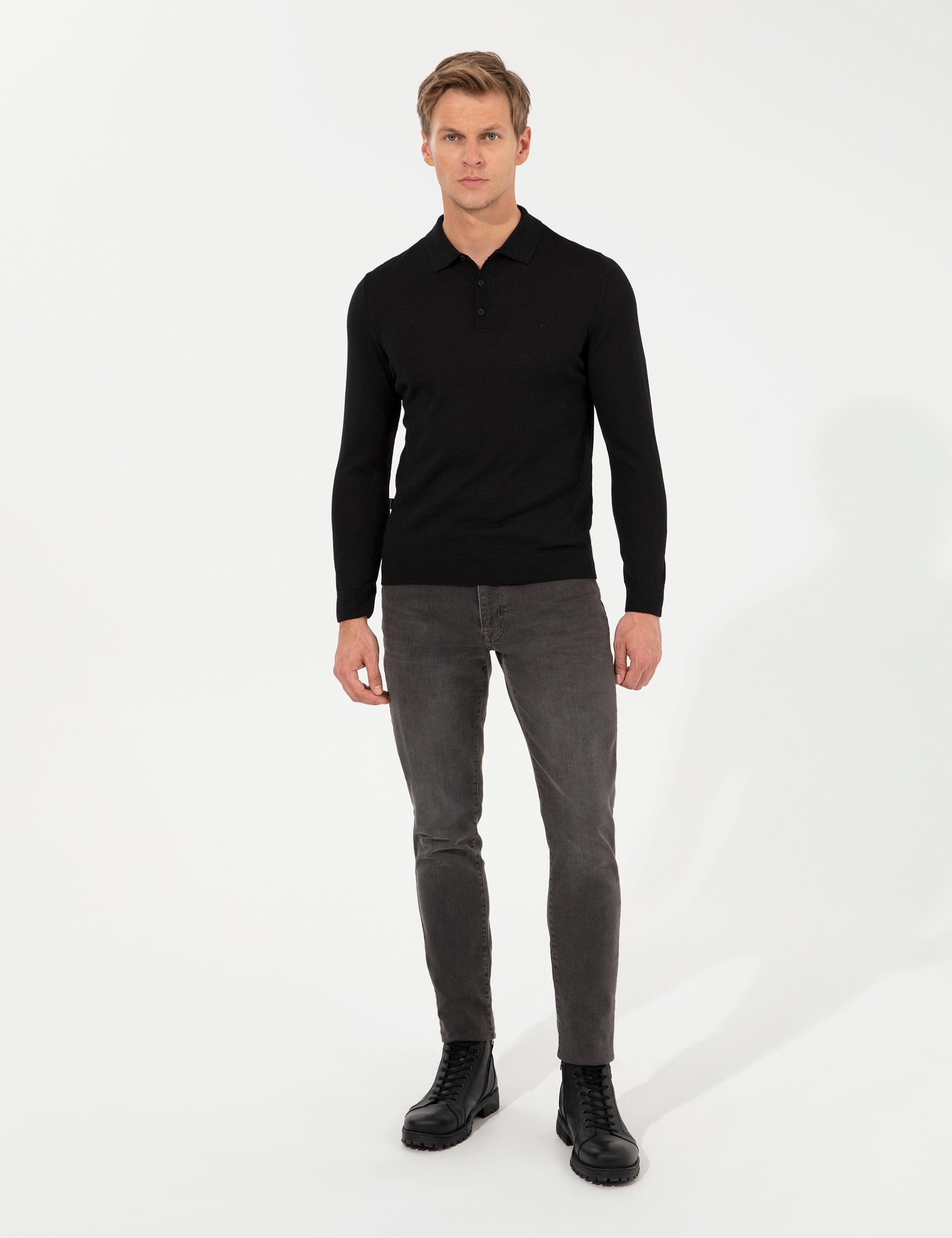 Siyah Regular Fit Polo Yaka Yün Karışımlı Basic Triko Kazak