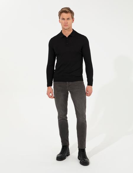Siyah Regular Fit Polo Yaka Yün Karışımlı Basic Triko Kazak - 50237775003