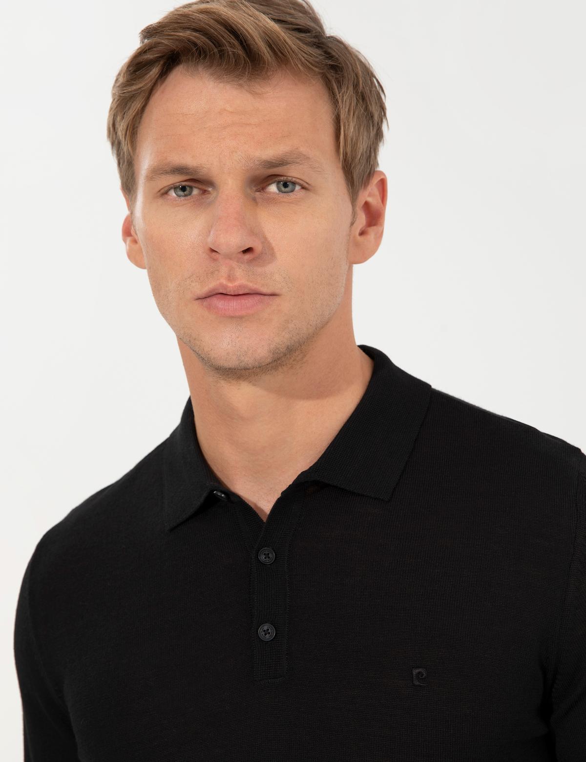 Siyah Regular Fit Polo Yaka Yün Karışımlı Basic Triko Kazak - 50237775003