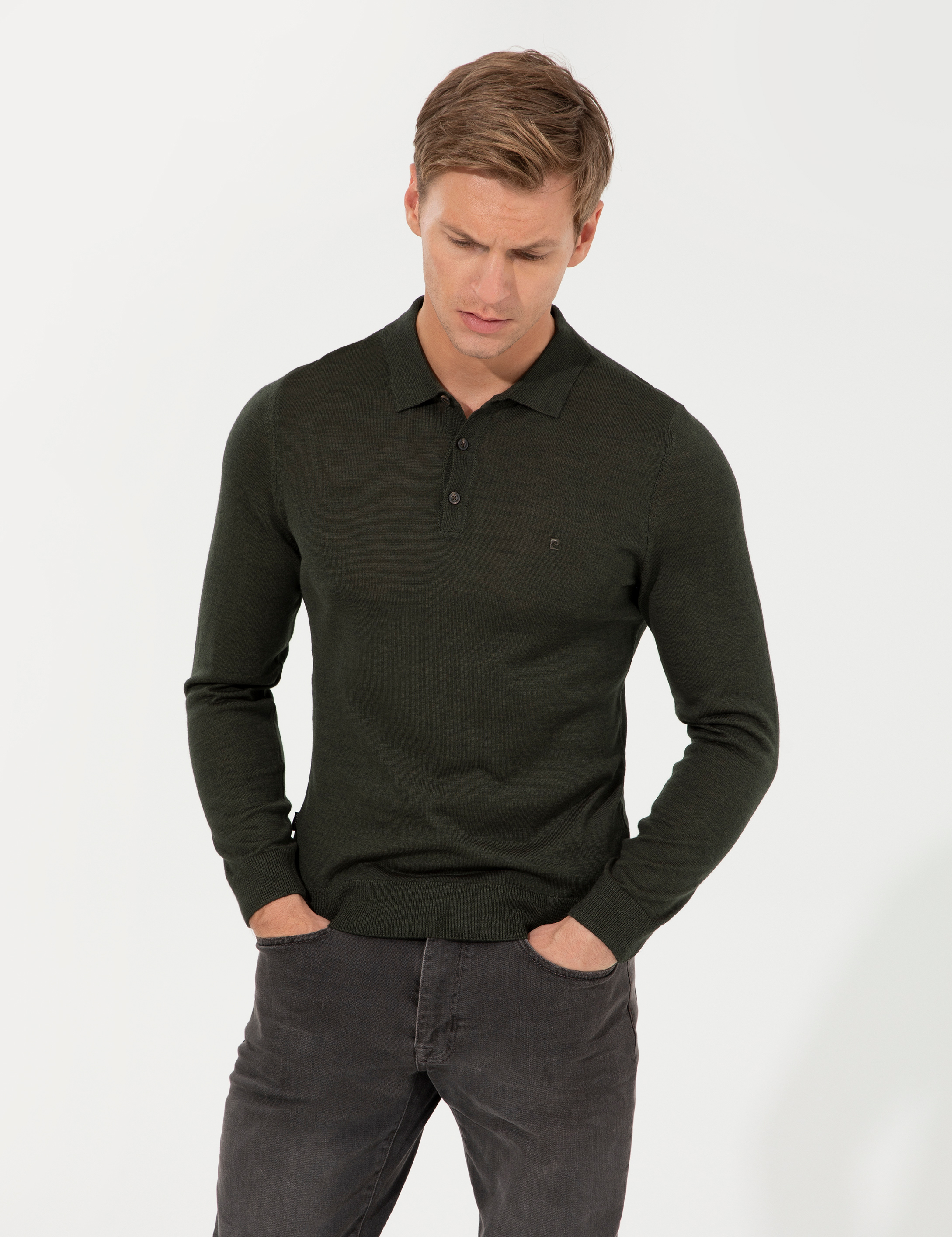 Pierre Cardin Yeşil Regular Fit Polo Yaka Yün Karışımlı Basic Triko Kazak görsel 3