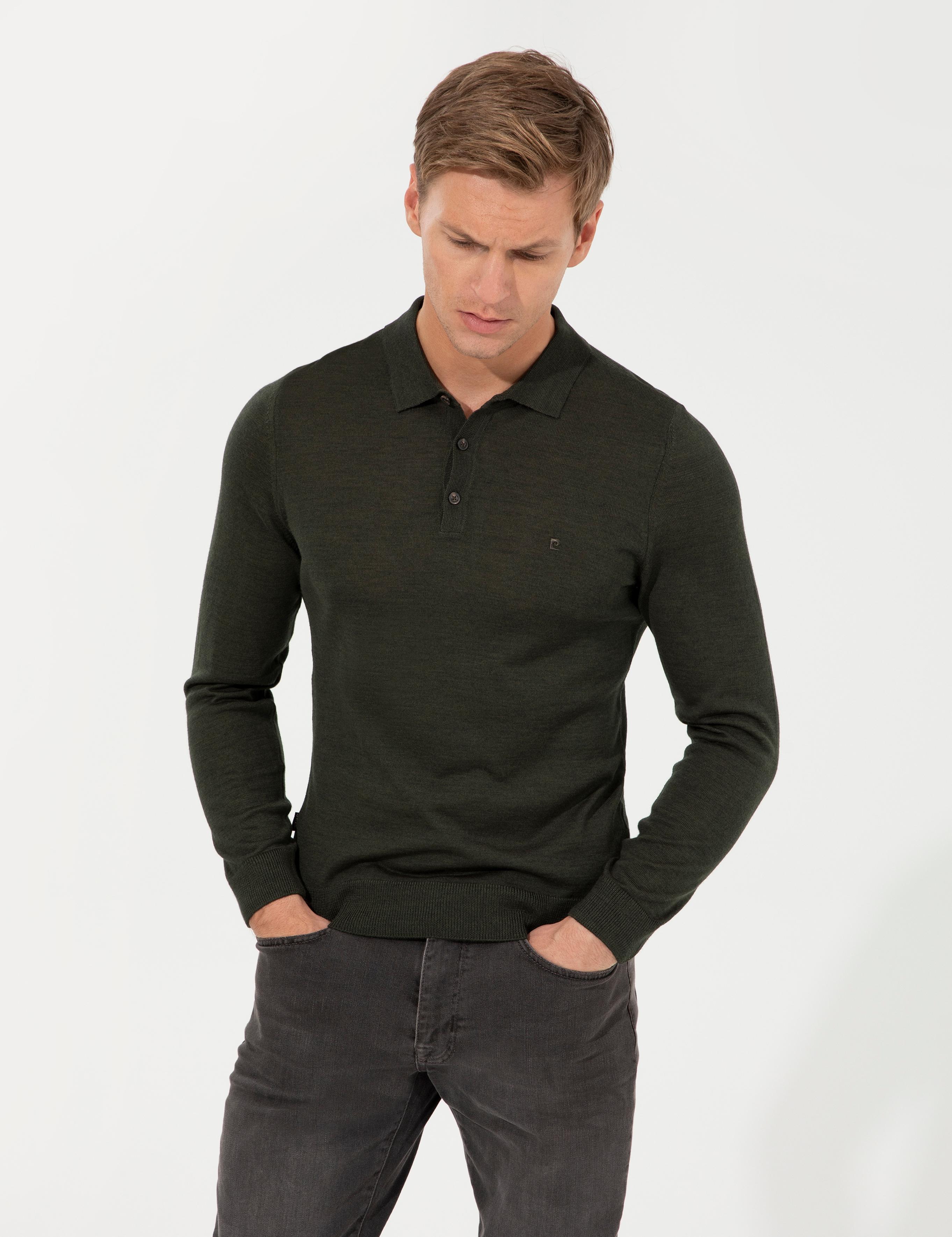 Yeşil Regular Fit Polo Yaka Yün Karışımlı Basic Triko Kazak