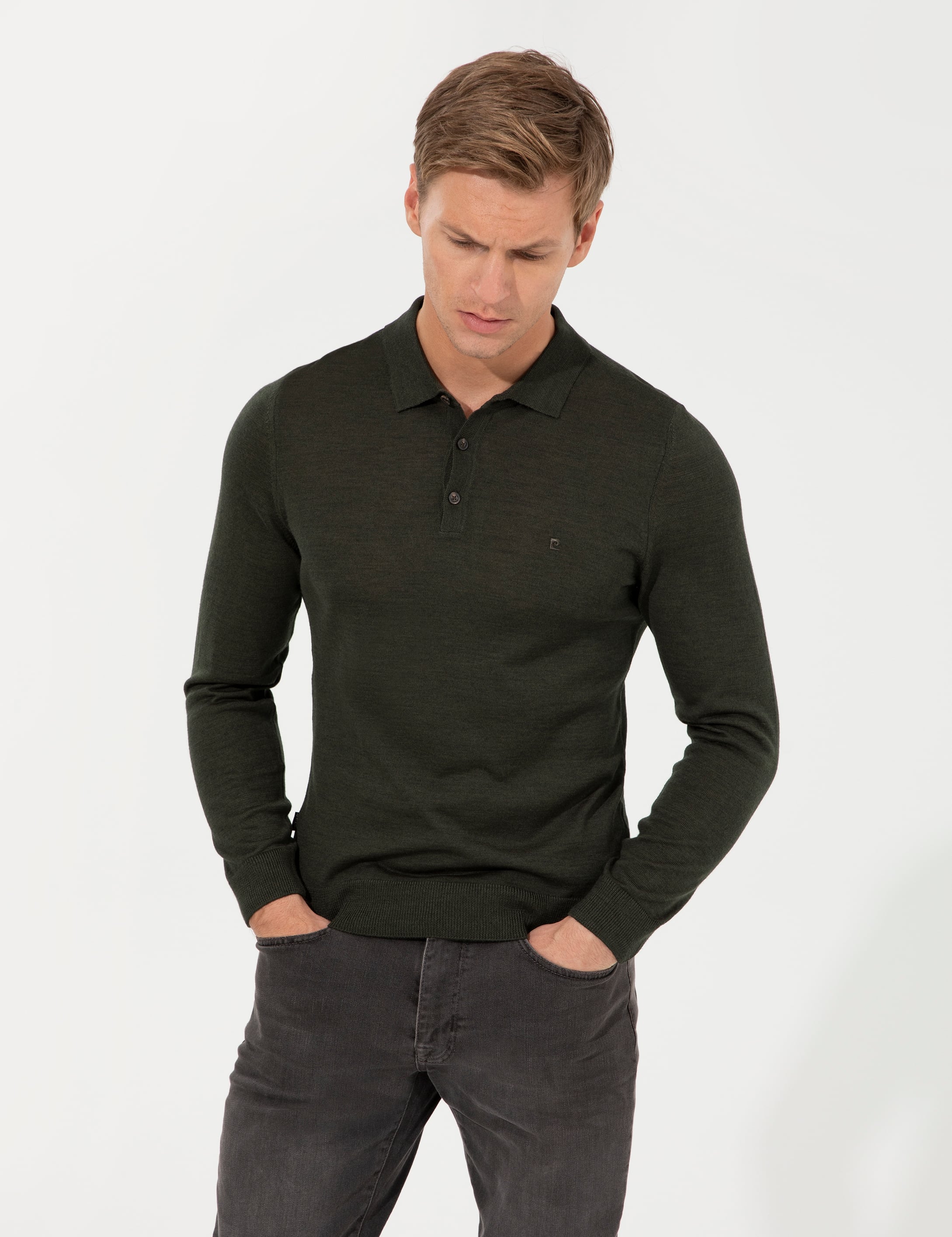 Yeşil Regular Fit Polo Yaka Yün Karışımlı Basic Triko Kazak
