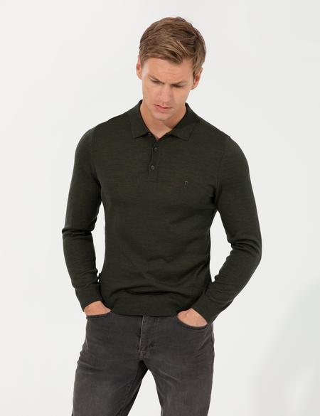 Yeşil Regular Fit Polo Yaka Yün Karışımlı Basic Triko Kazak - 50237775128