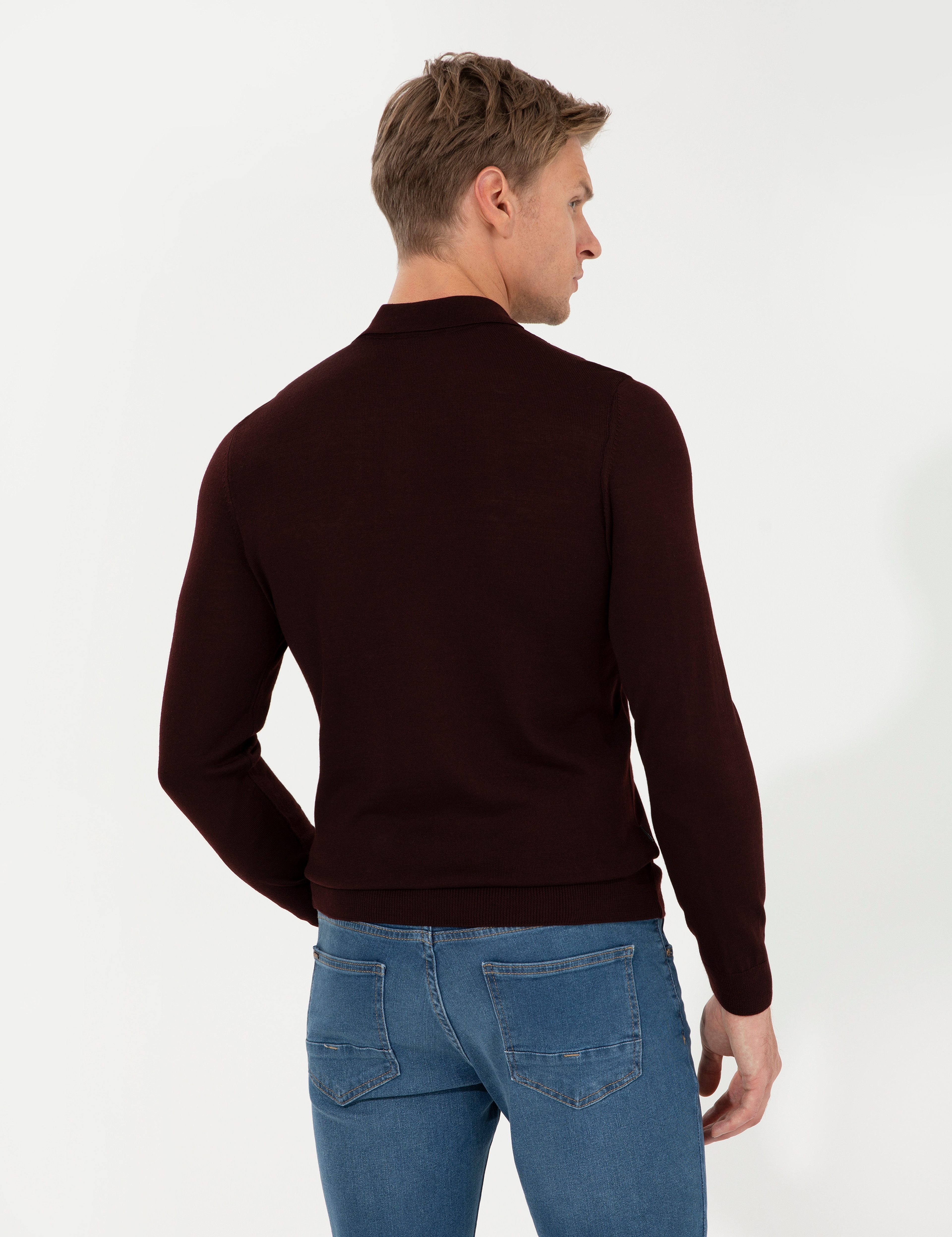 Bordo Regular Fit Polo Yaka Yün Karışımlı Basic Triko Kazak - Image 5