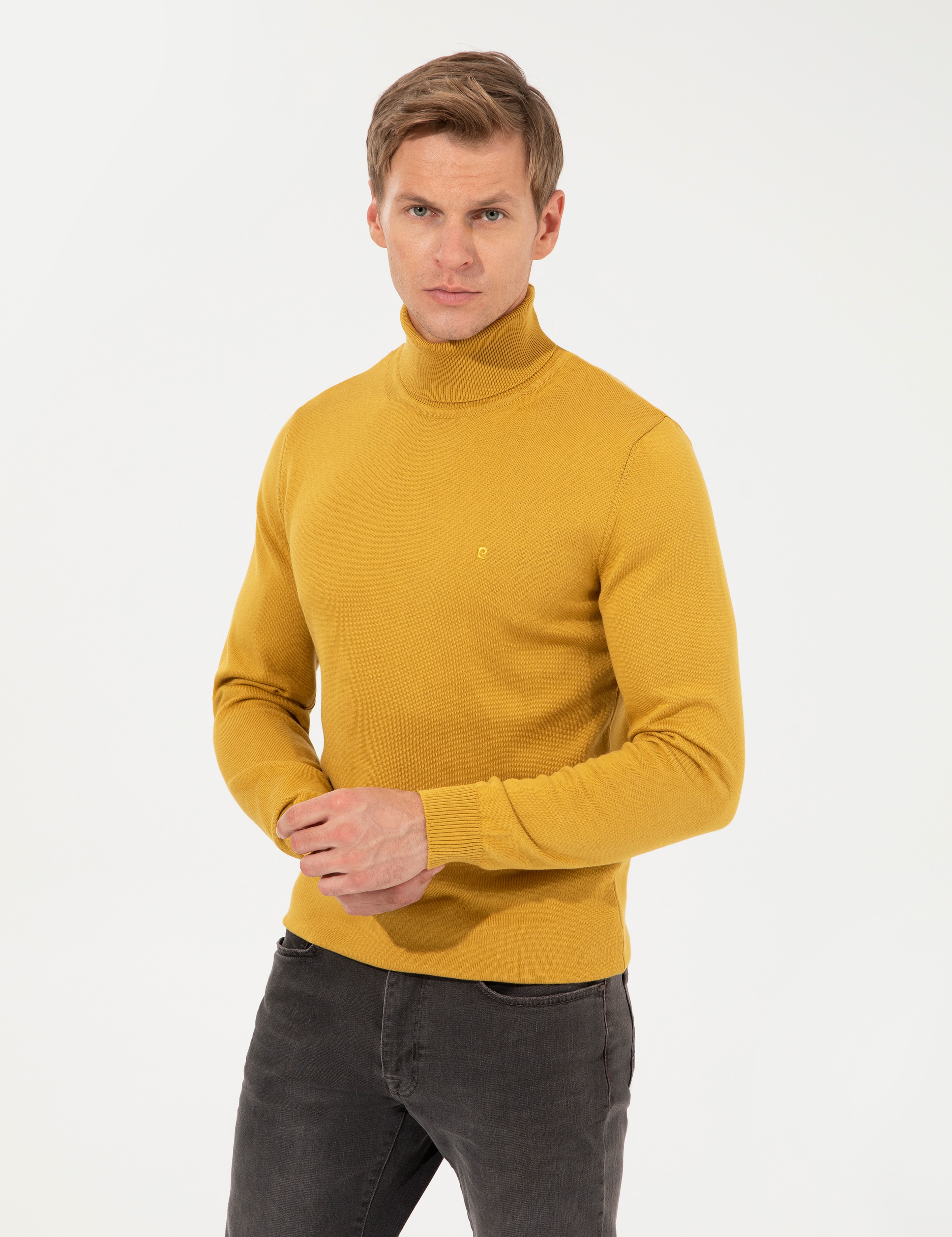 Hardal Slim Fit Balıkçı Yaka Basic Triko Kazak - Image 3