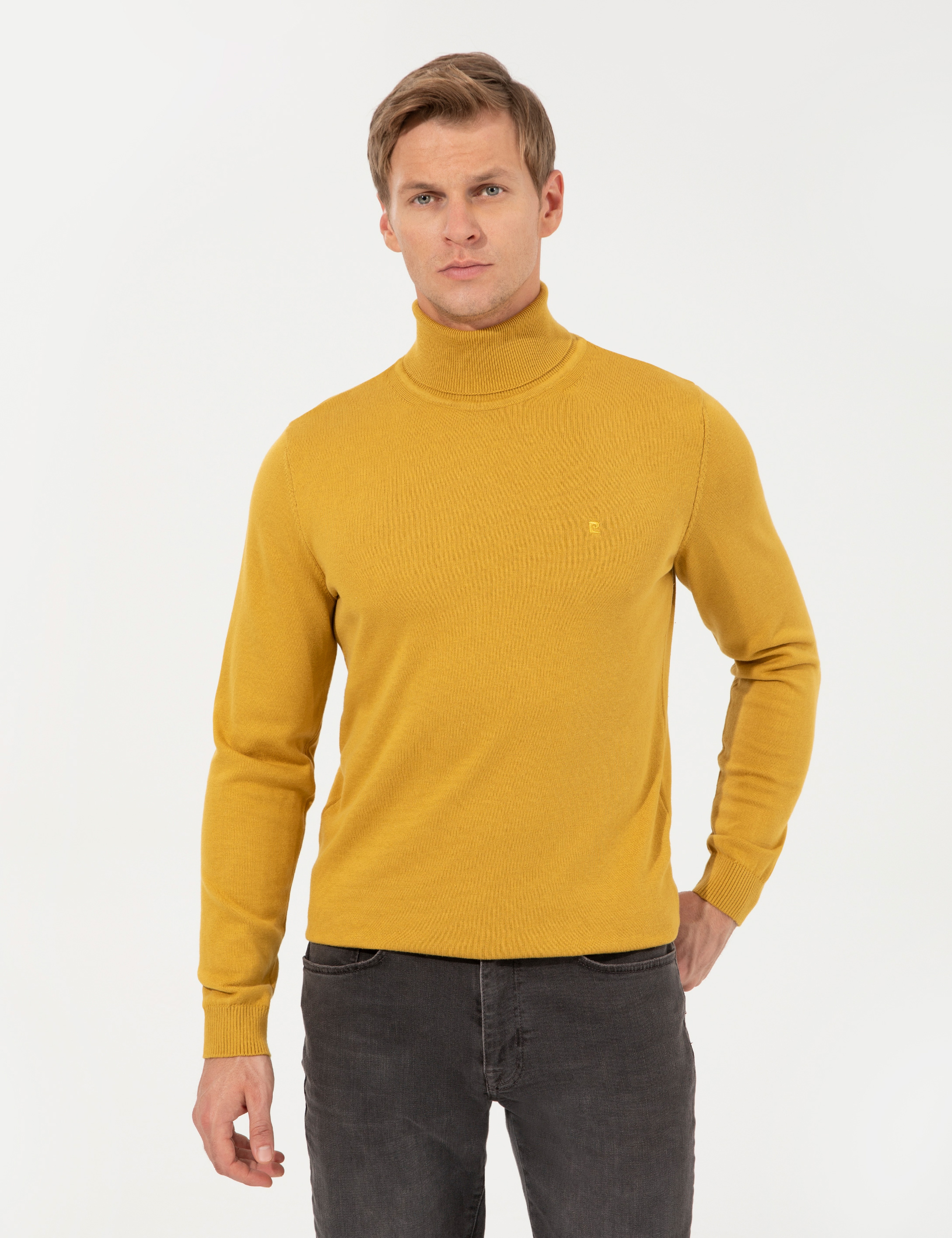 Hardal Slim Fit Balıkçı Yaka Basic Triko Kazak - Image 1