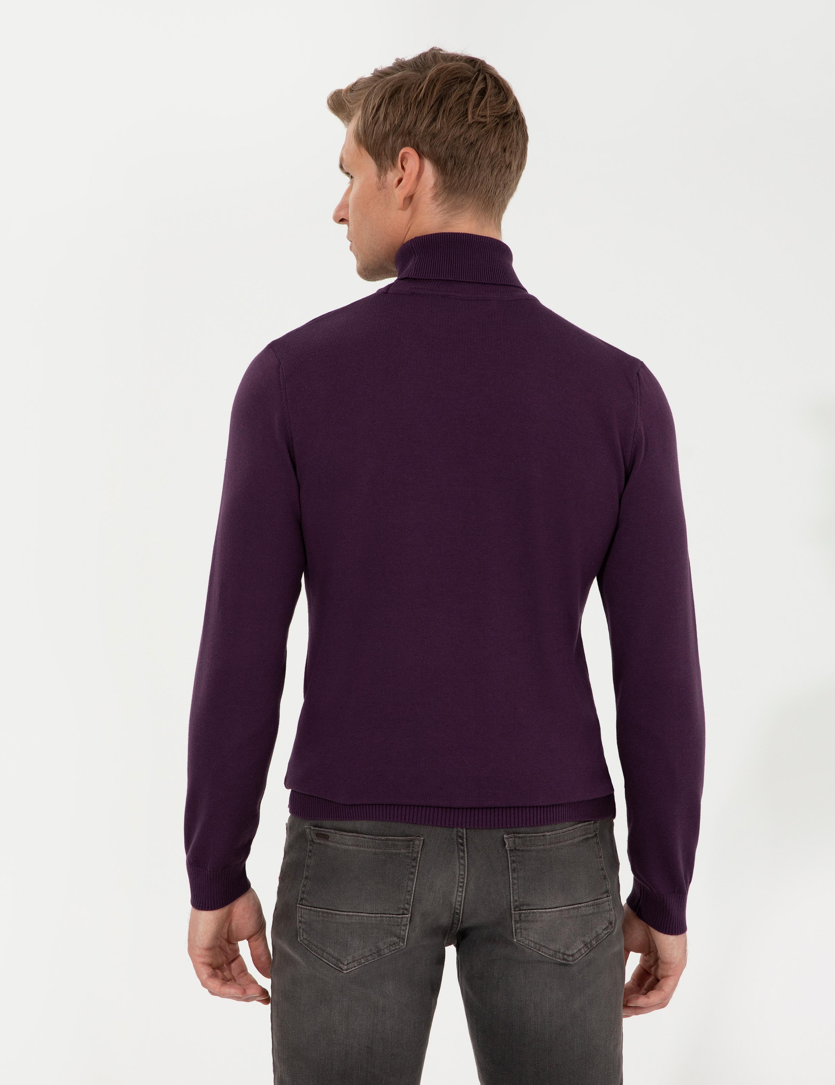 Mor Slim Fit Balıkçı Yaka Basic Triko Kazak