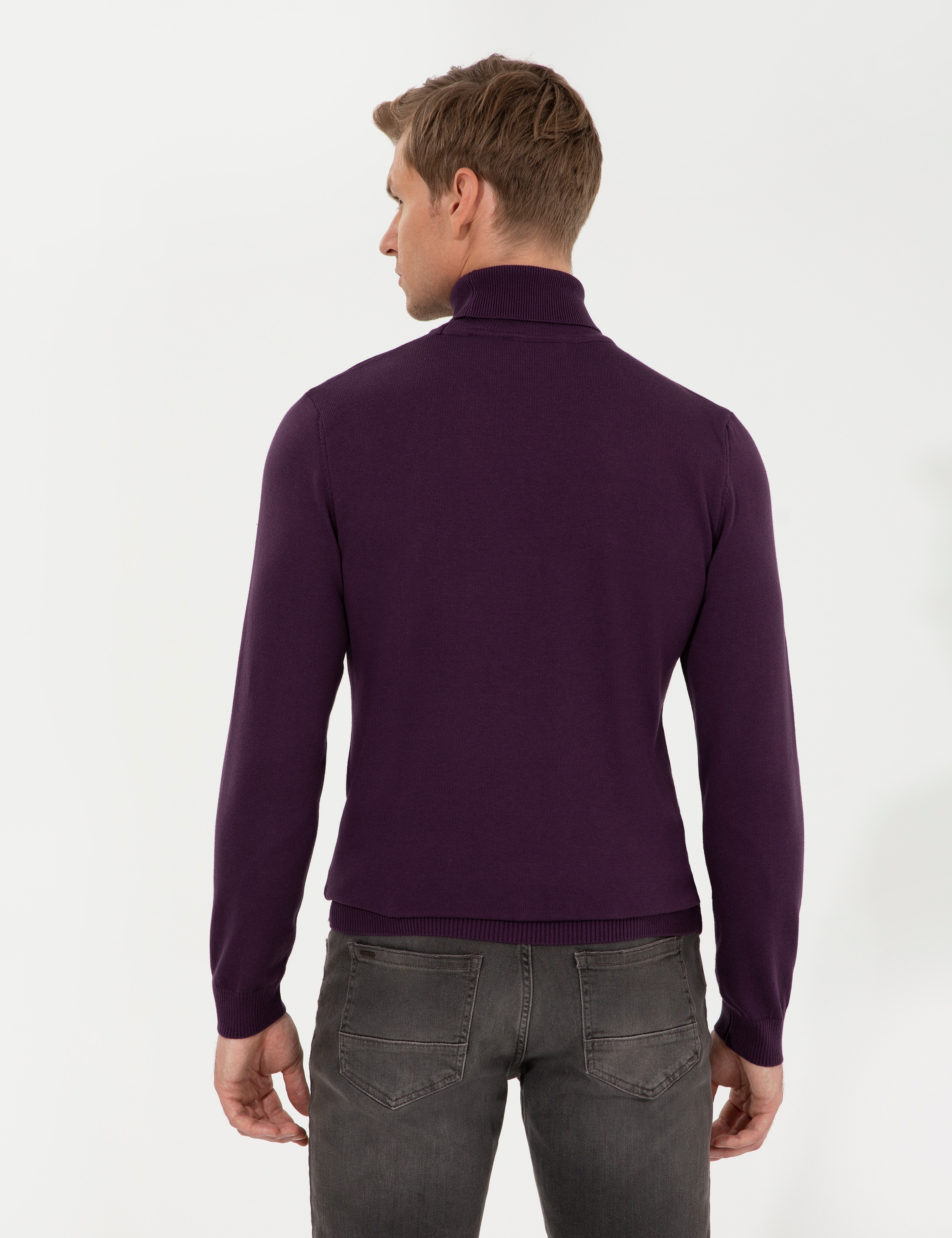 Mor Slim Fit Balıkçı Yaka Basic Triko Kazak - Image 5