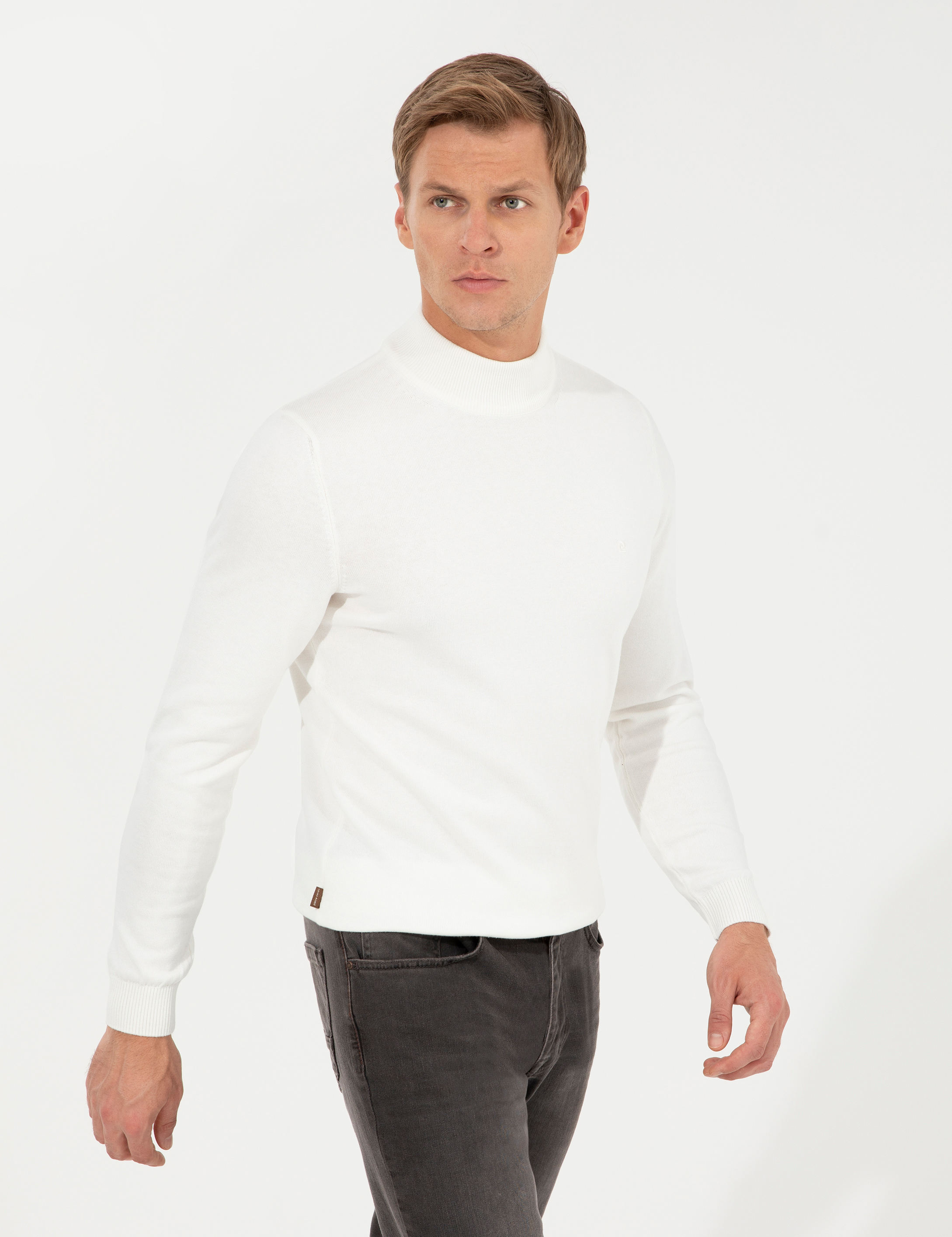 Pierre Cardin Ekru Slim Fit Yarım Balıkçı Yaka Basic Triko Kazak görsel 2