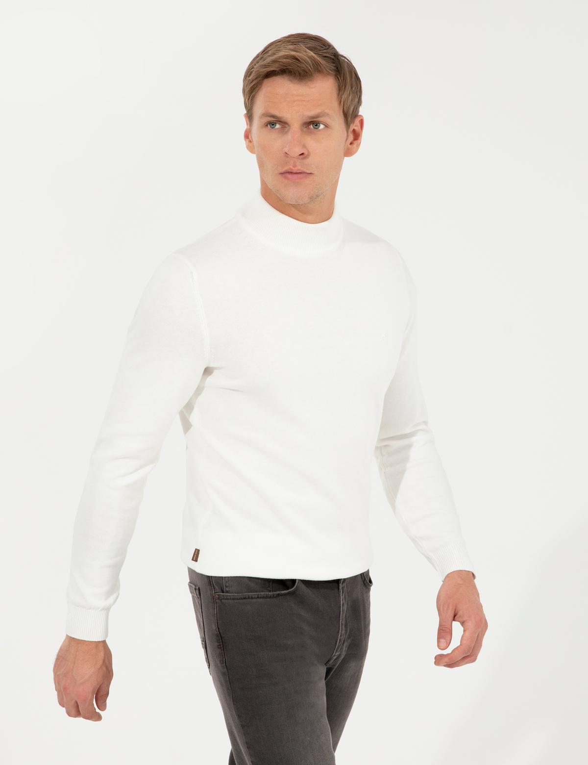 Ekru Slim Fit Yarım Balıkçı Yaka Basic Triko Kazak - 50256965019