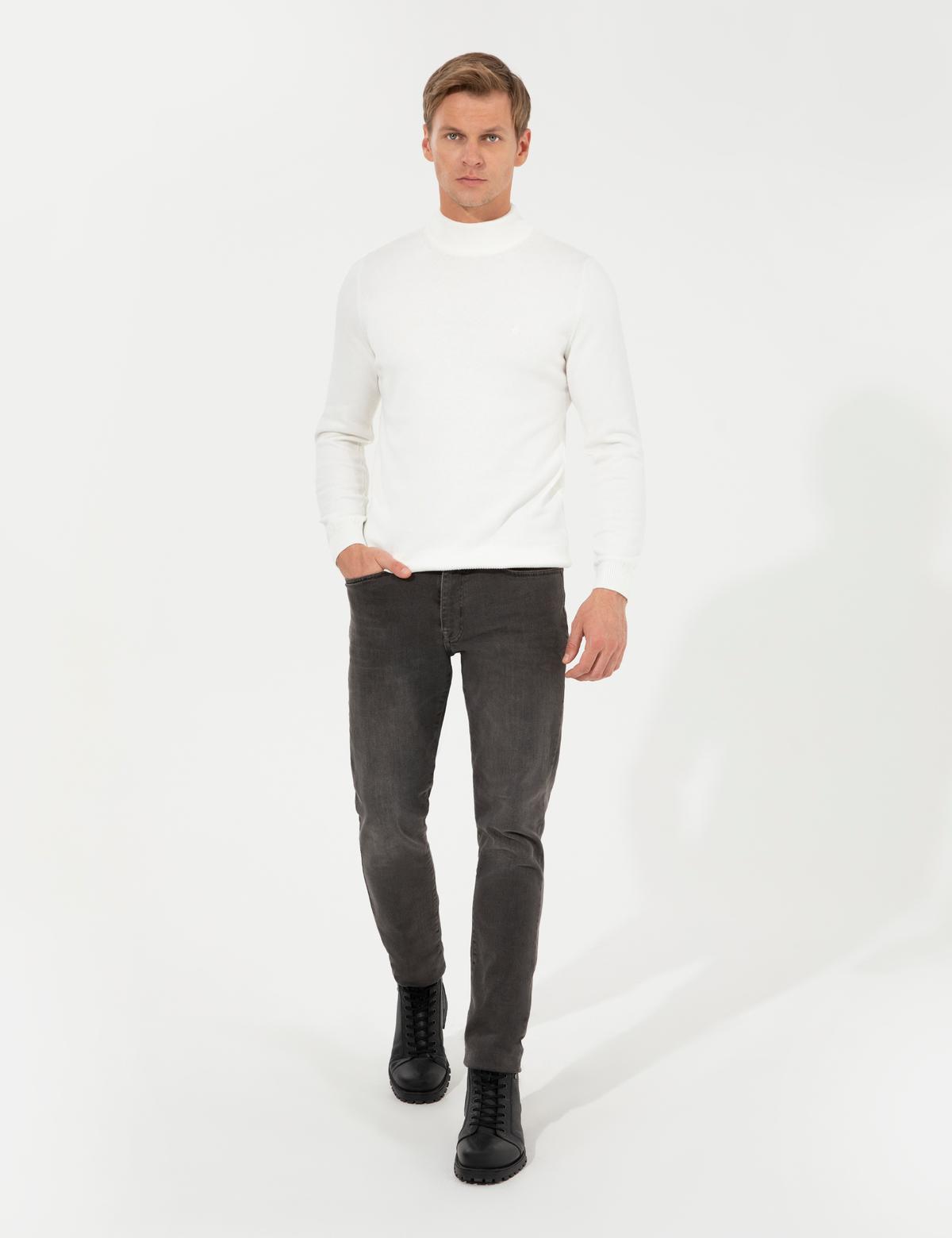 Ekru Slim Fit Yarım Balıkçı Yaka Basic Triko Kazak - 50256965019