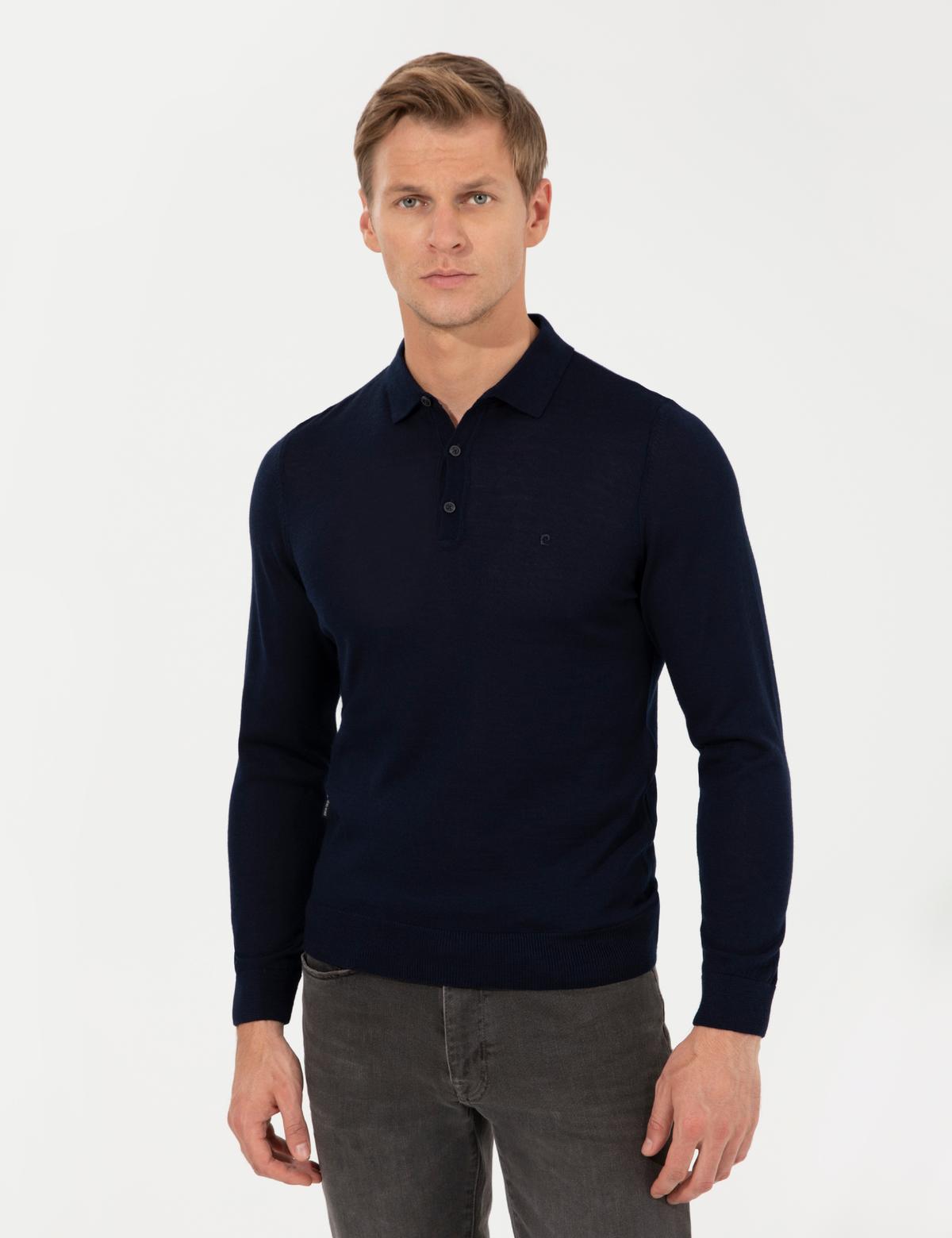 Lacivert Regular Fit Polo Yaka Yün Karışımlı Basic Triko Kazak