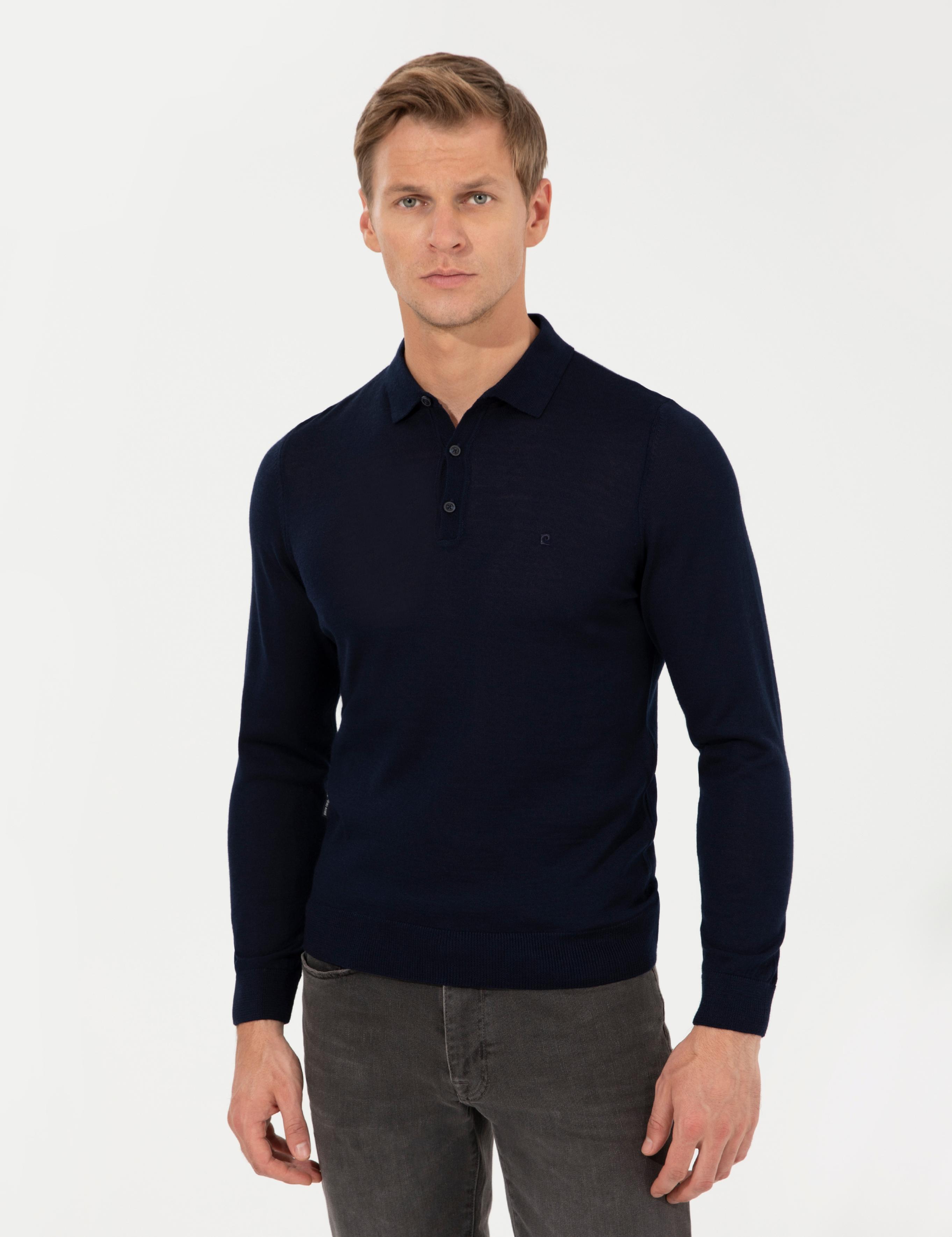 Lacivert Regular Fit Polo Yaka Yün Karışımlı Basic Triko Kazak