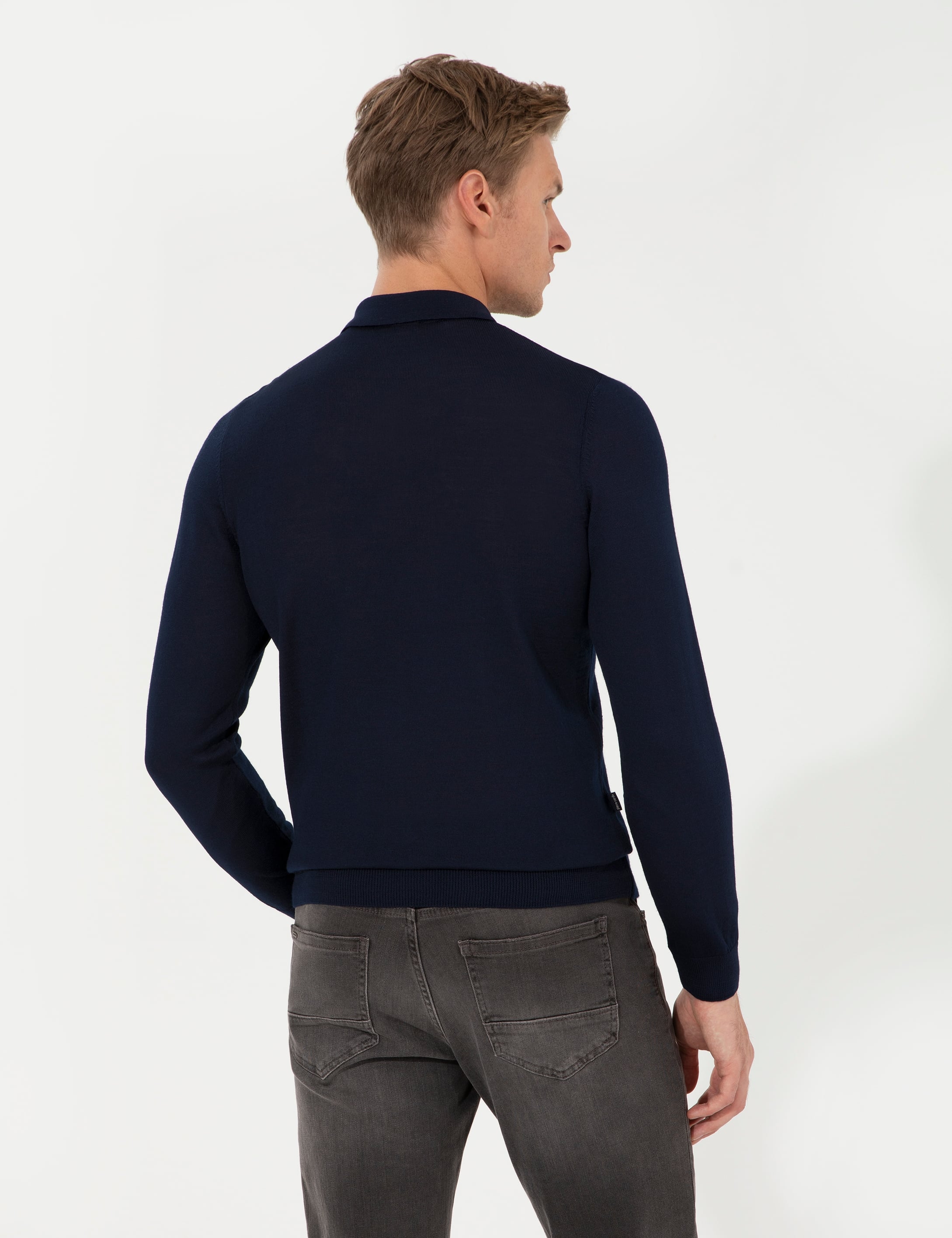 Lacivert Regular Fit Polo Yaka Yün Karışımlı Basic Triko Kazak
