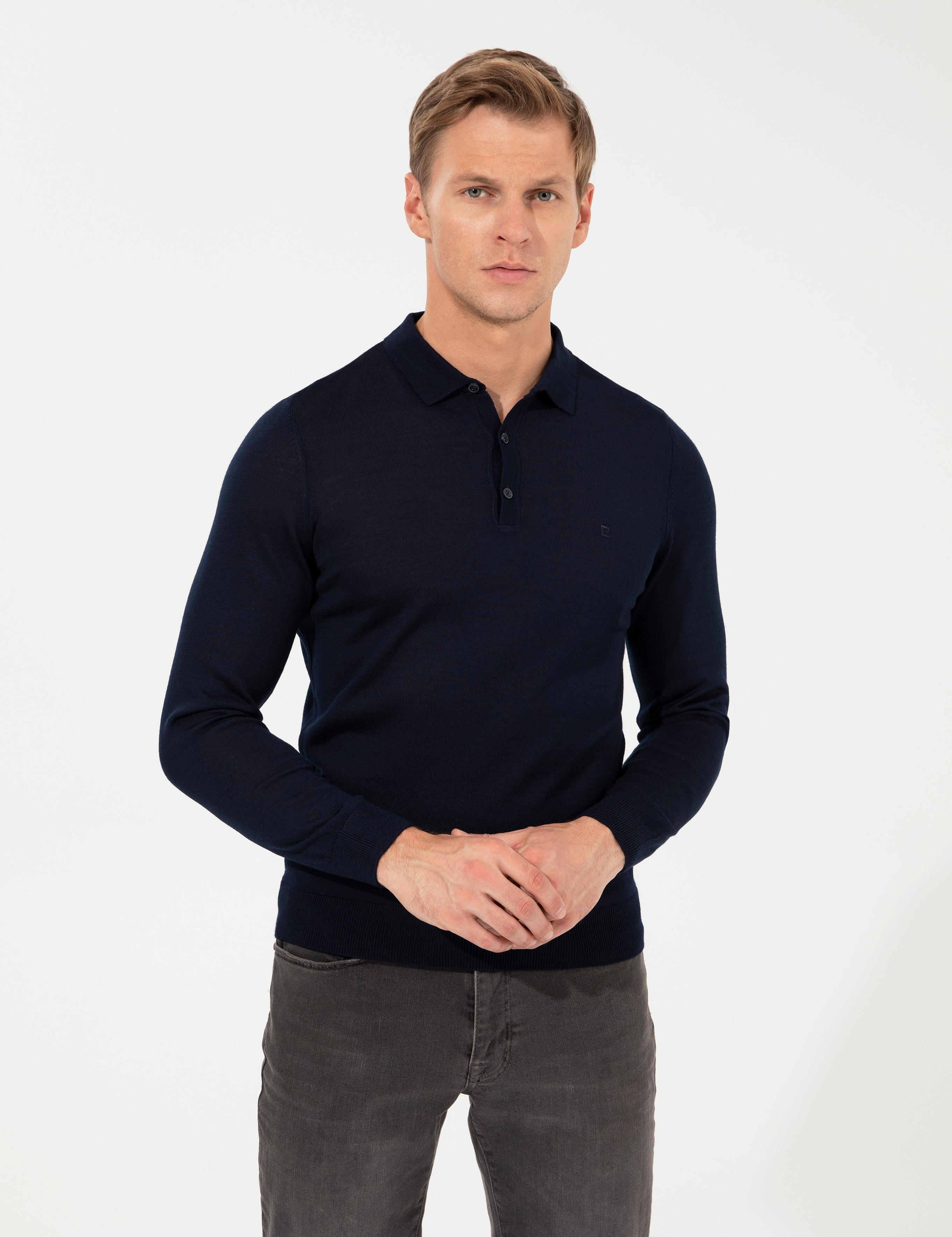 Lacivert Regular Fit Polo Yaka Yün Karışımlı Basic Triko Kazak