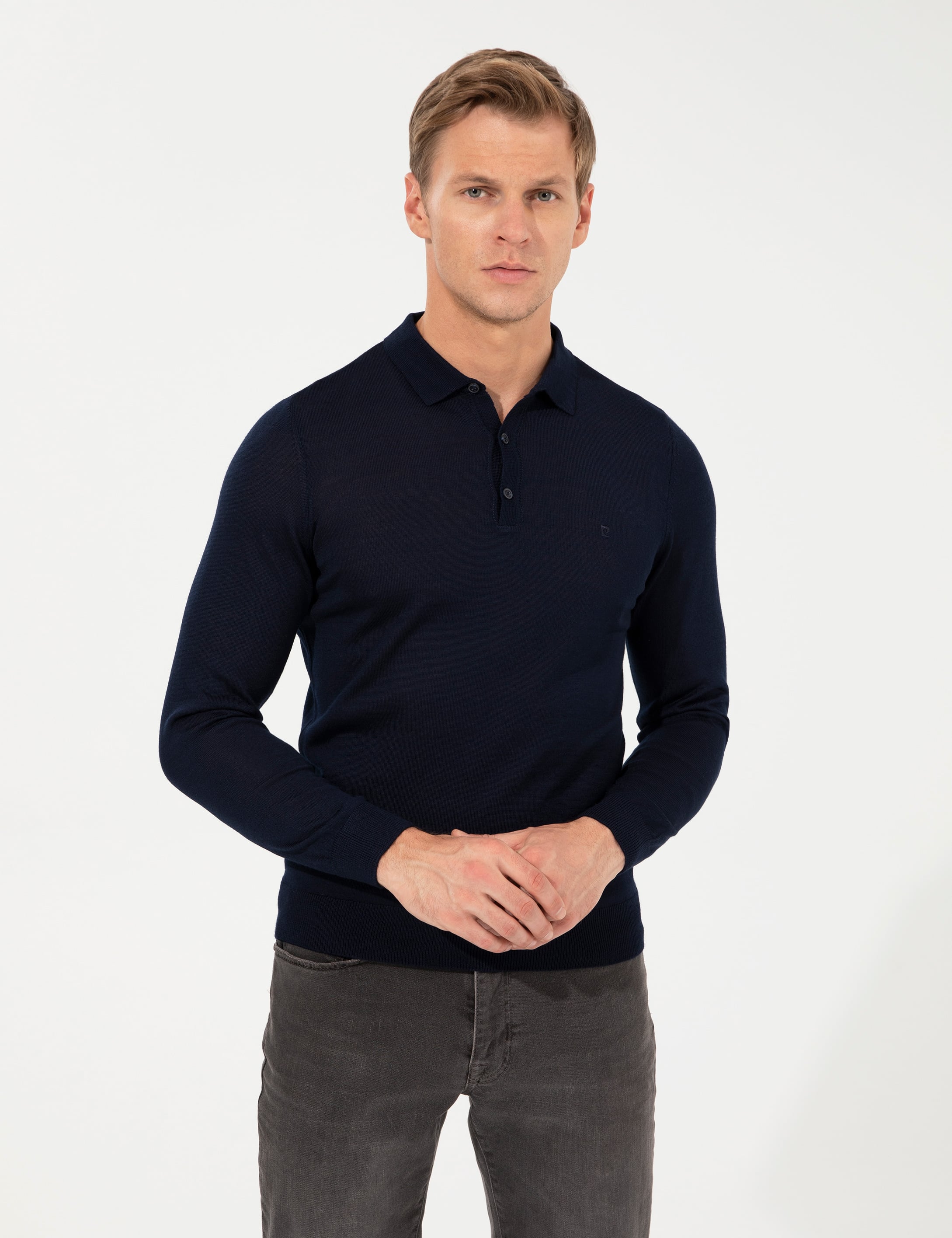 Lacivert Regular Fit Polo Yaka Yün Karışımlı Basic Triko Kazak