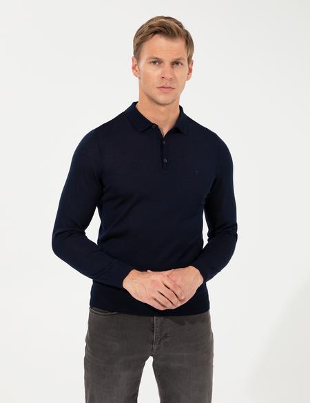 Lacivert Regular Fit Polo Yaka Yün Karışımlı Basic Triko Kazak - 50237775023