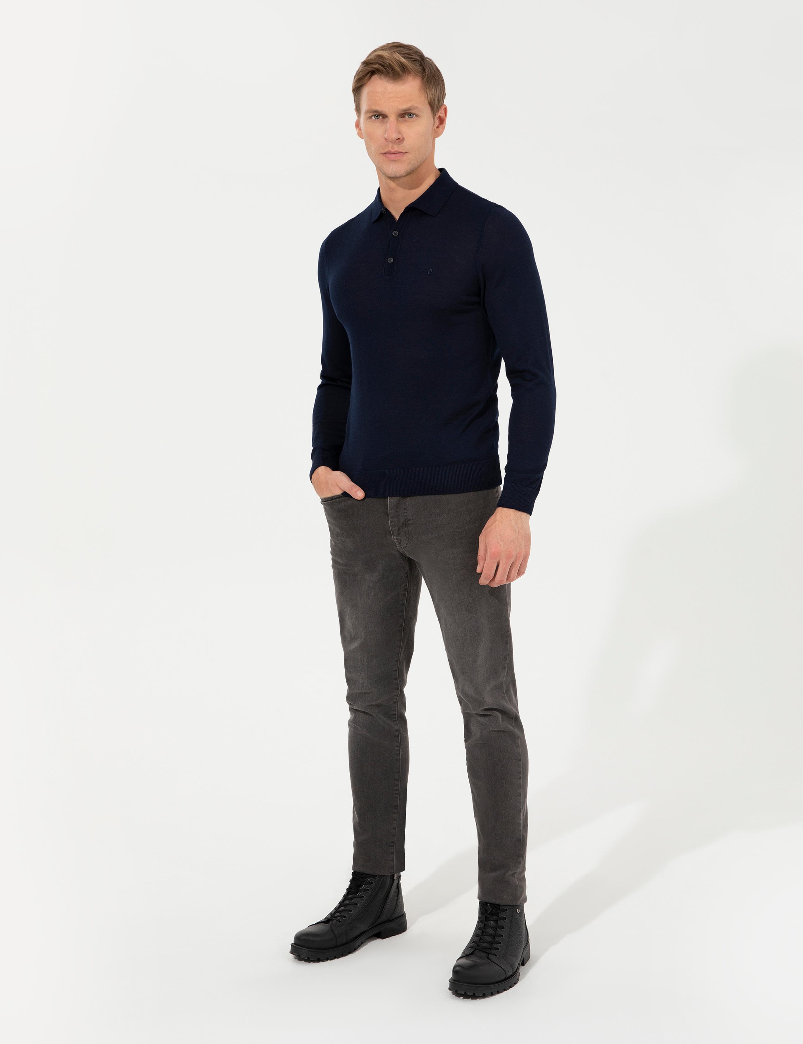 Lacivert Regular Fit Polo Yaka Yün Karışımlı Basic Triko Kazak