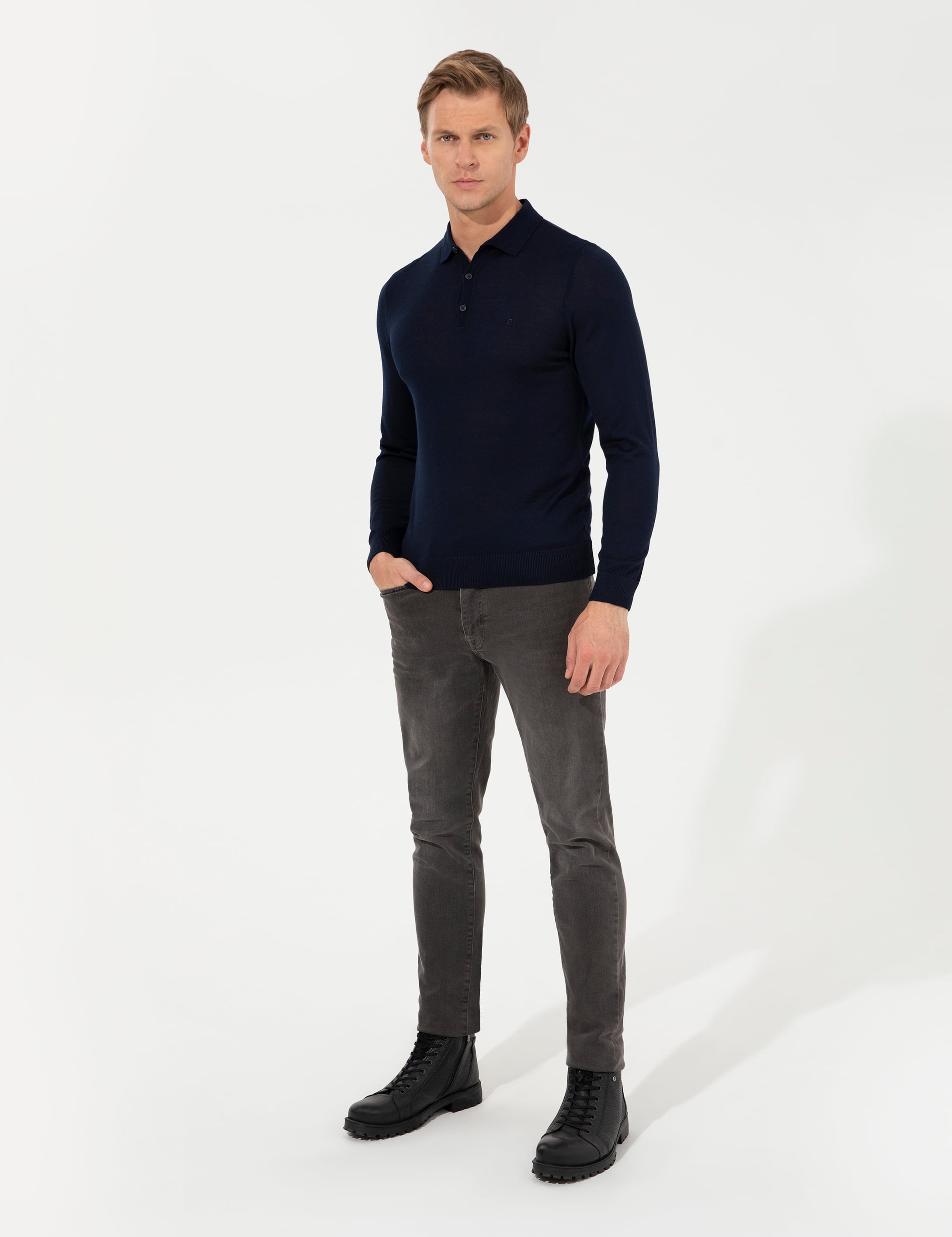 Lacivert Regular Fit Polo Yaka Yün Karışımlı Basic Triko Kazak - Image 4