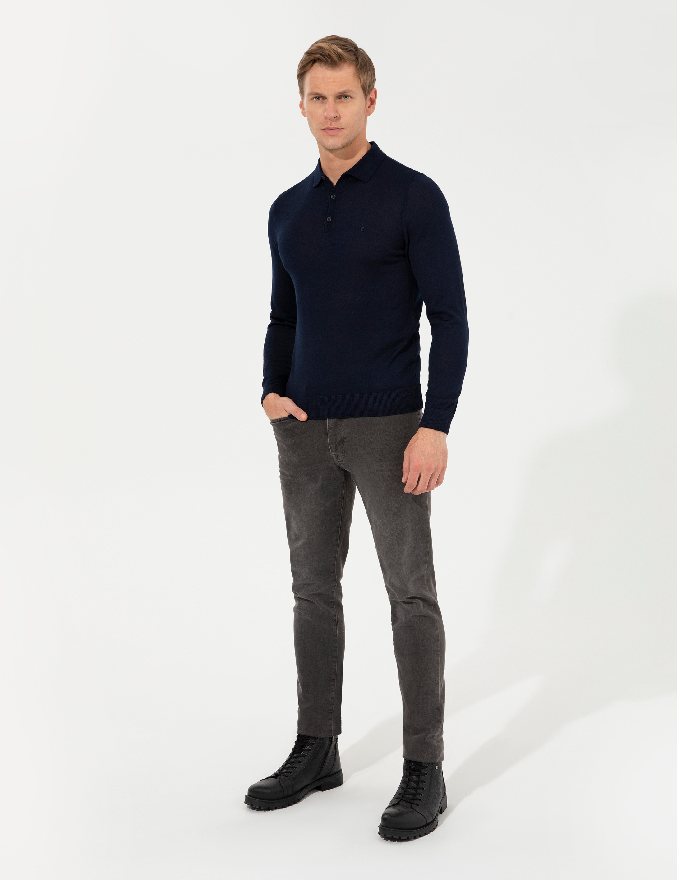 Lacivert Regular Fit Polo Yaka Yün Karışımlı Basic Triko Kazak