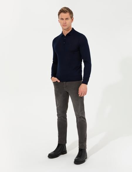 Lacivert Regular Fit Polo Yaka Yün Karışımlı Basic Triko Kazak - 50237775023