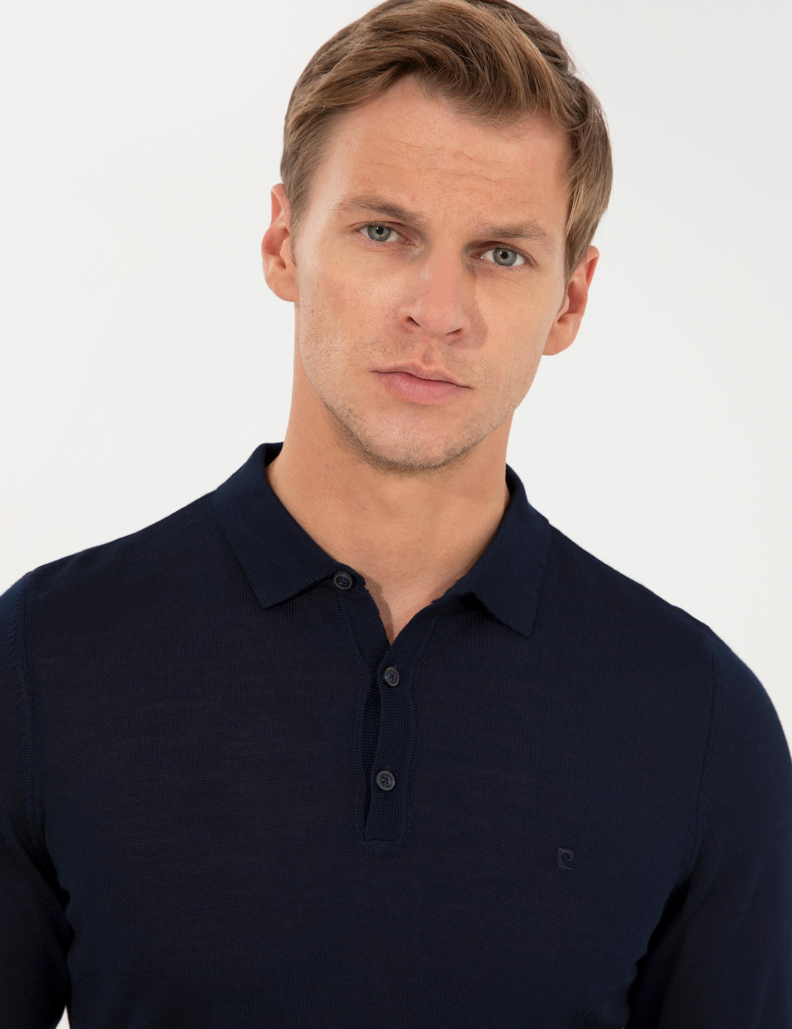 Lacivert Regular Fit Polo Yaka Yün Karışımlı Basic Triko Kazak