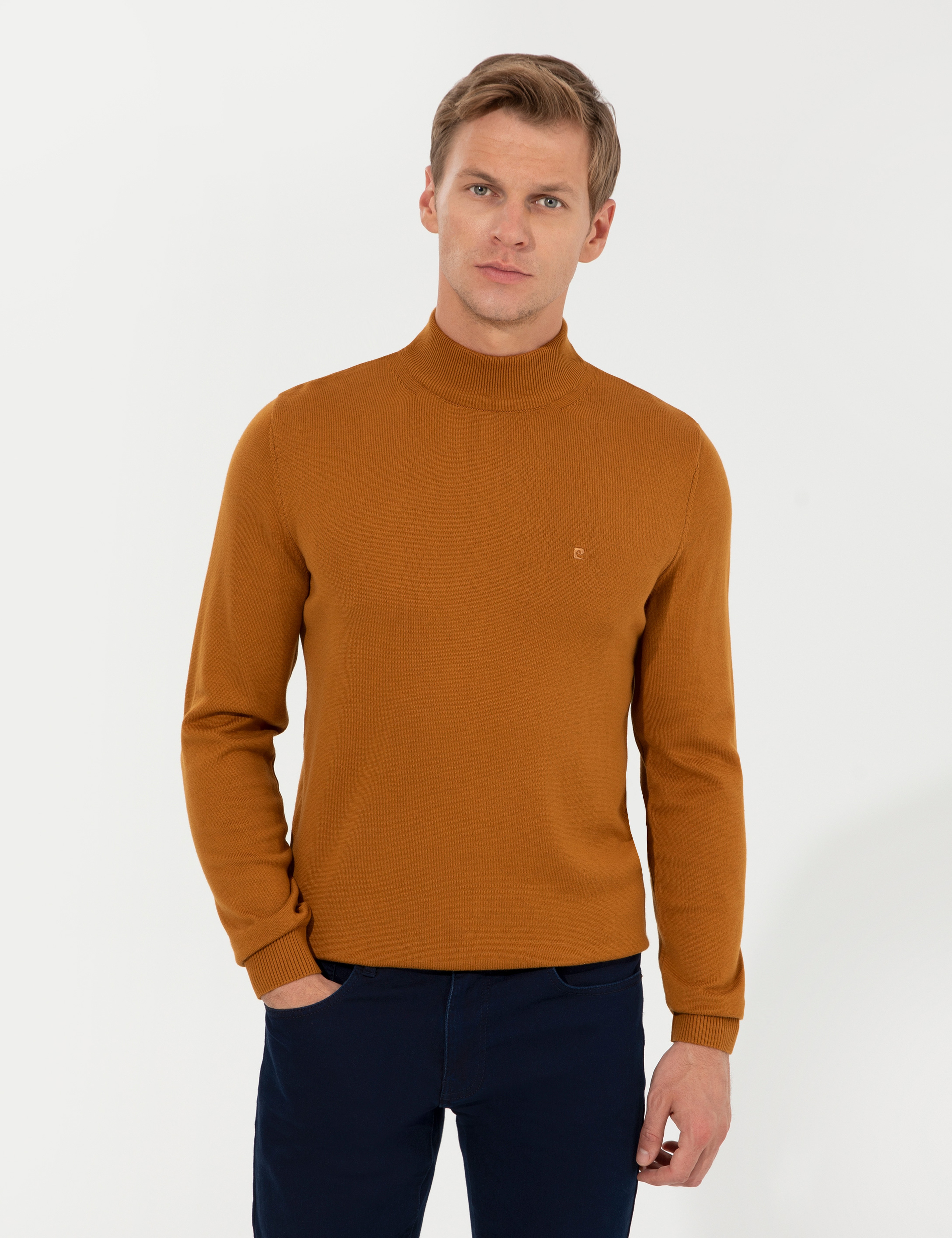 Kahverengi Slim Fit Yarım Balıkçı Yaka Basic Triko Kazak