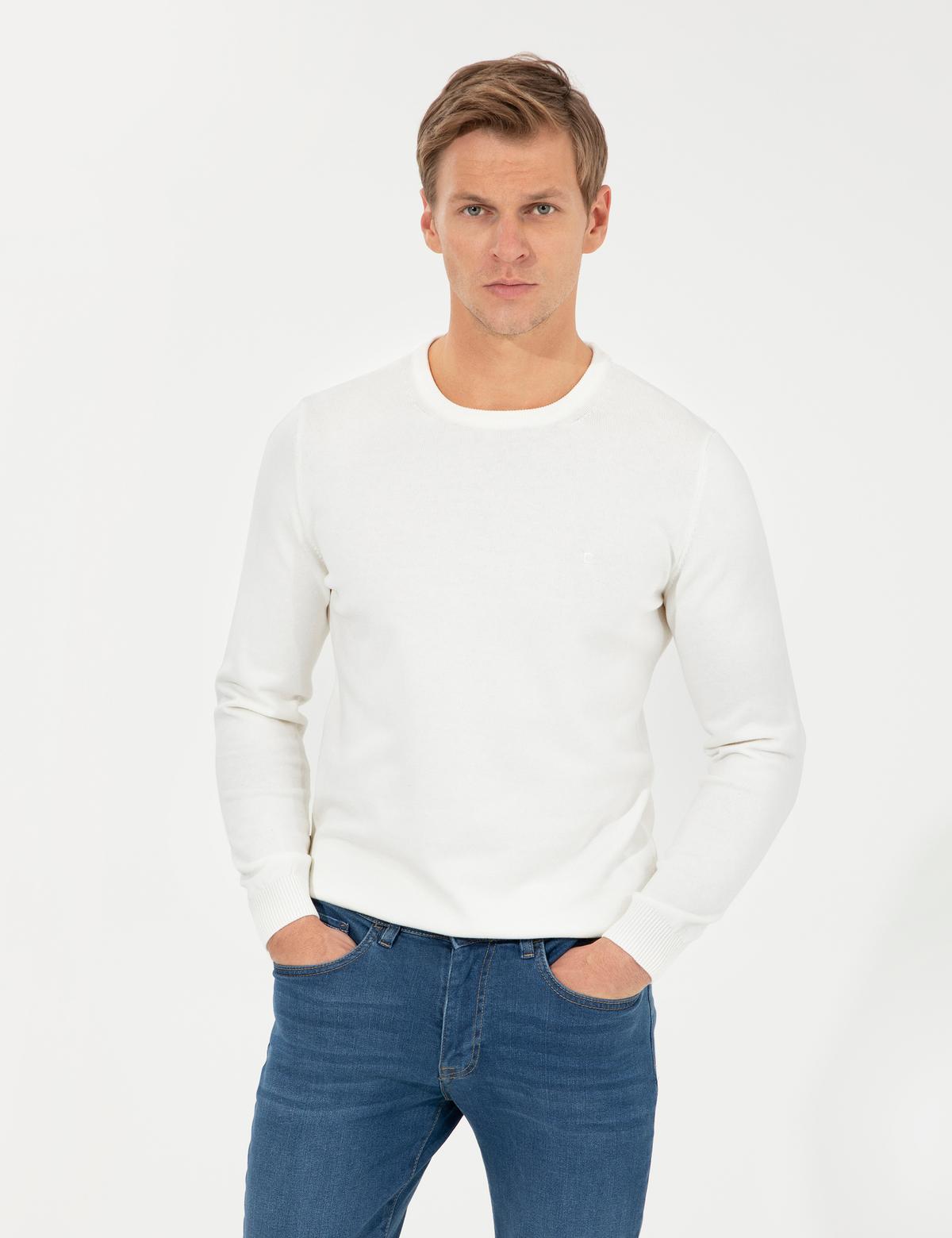 Ekru Slim Fit Bisiklet Yaka Basic Triko Kazak - 50257290011