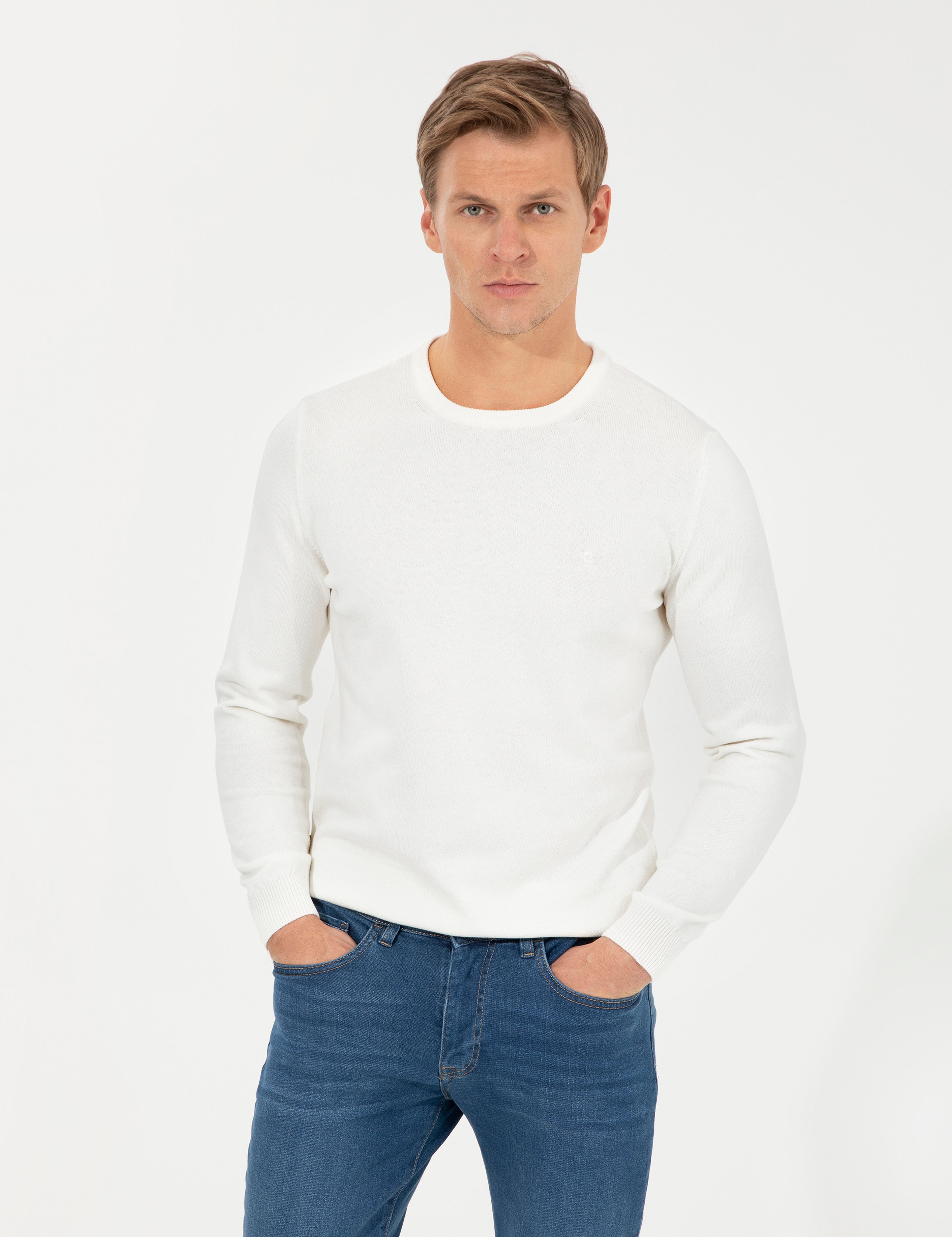 Ekru Slim Fit Bisiklet Yaka Basic Triko Kazak - Image 3