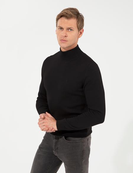 Siyah Slim Fit Yarım Balıkçı Yaka Basic Triko Kazak - 50256965050