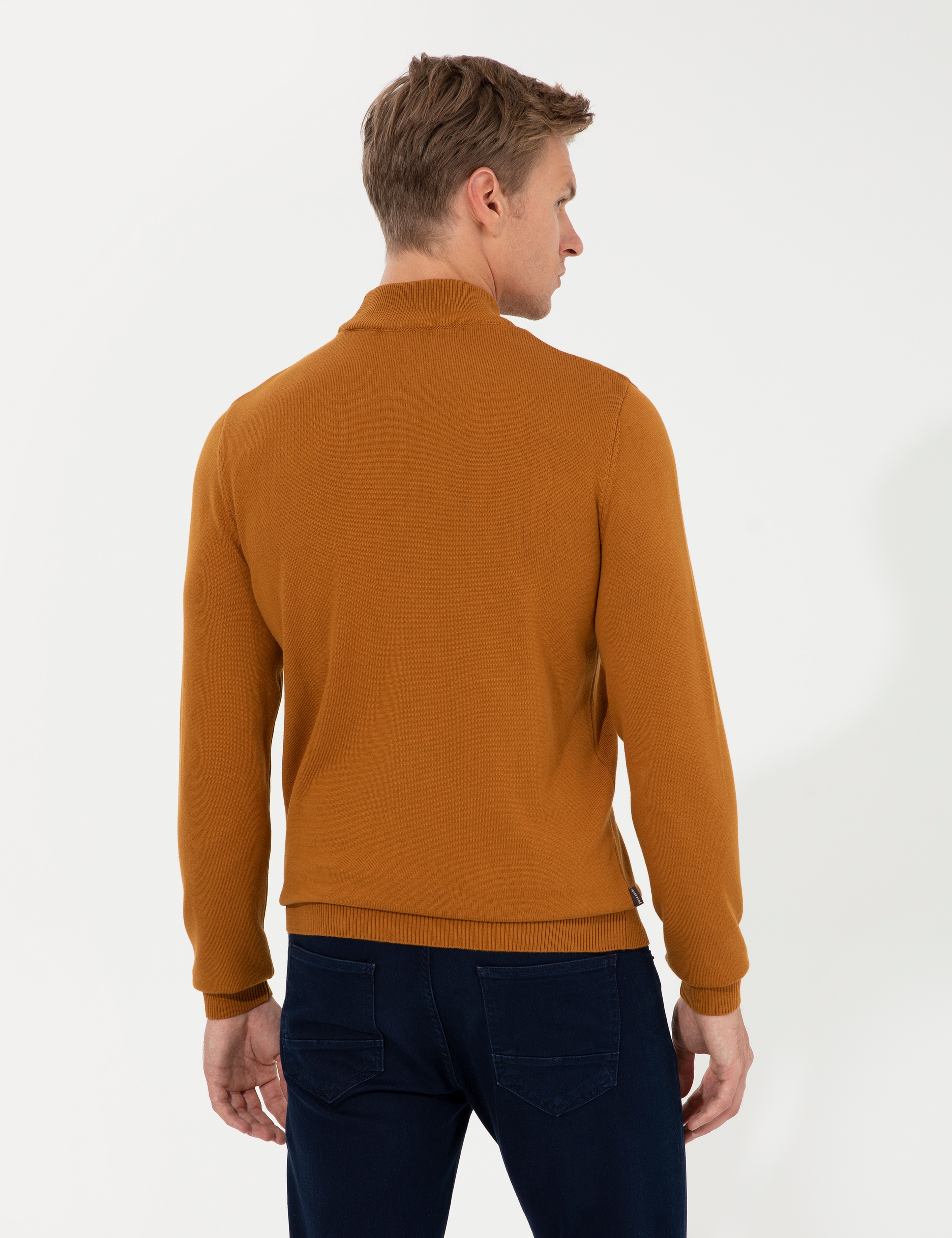 Kahverengi Slim Fit Yarım Balıkçı Yaka Basic Triko Kazak - Image 5
