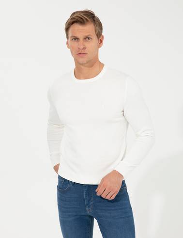 Ekru Slim Fit Bisiklet Yaka Basic Triko Kazak