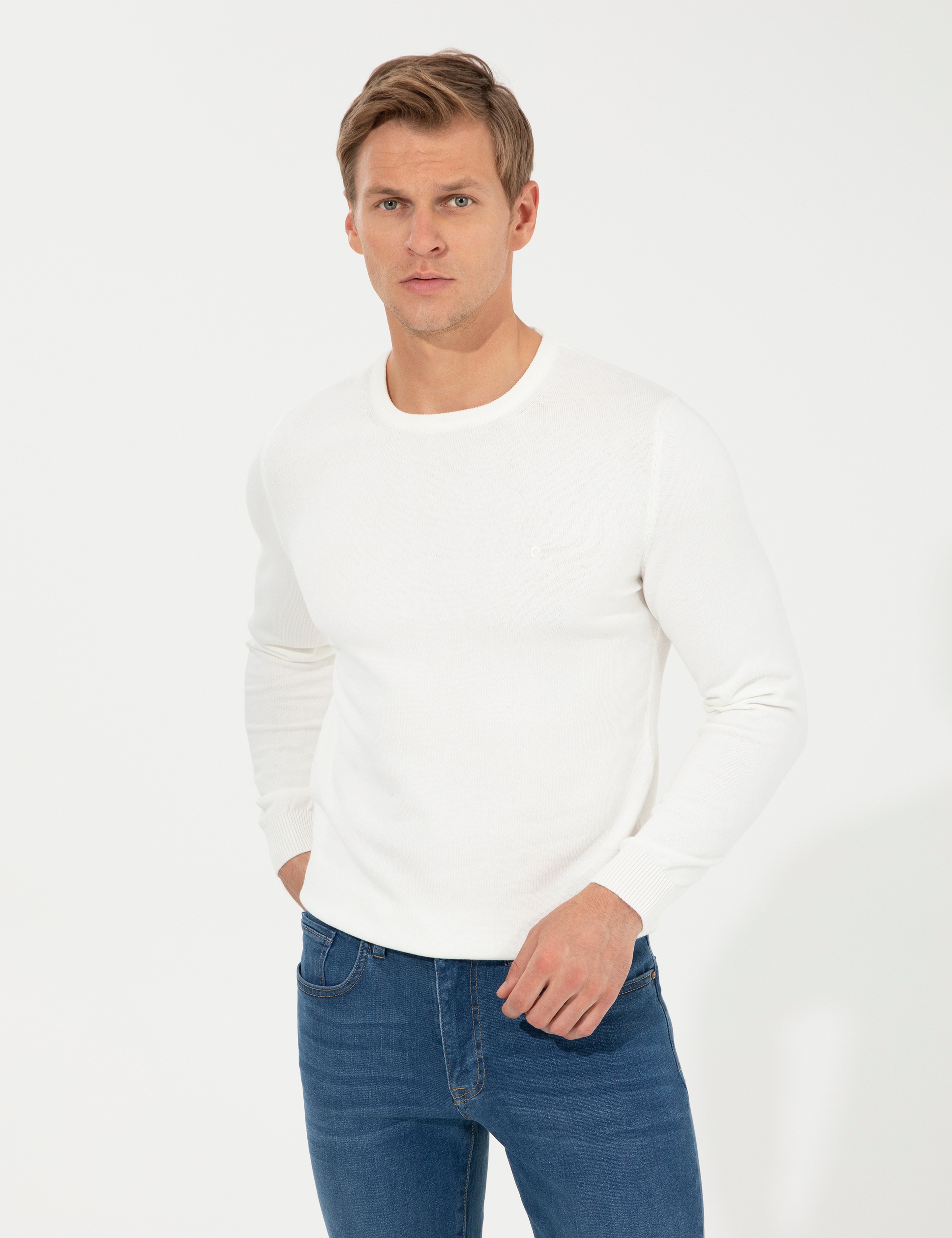 Ekru Slim Fit Bisiklet Yaka Basic Triko Kazak - Image 2