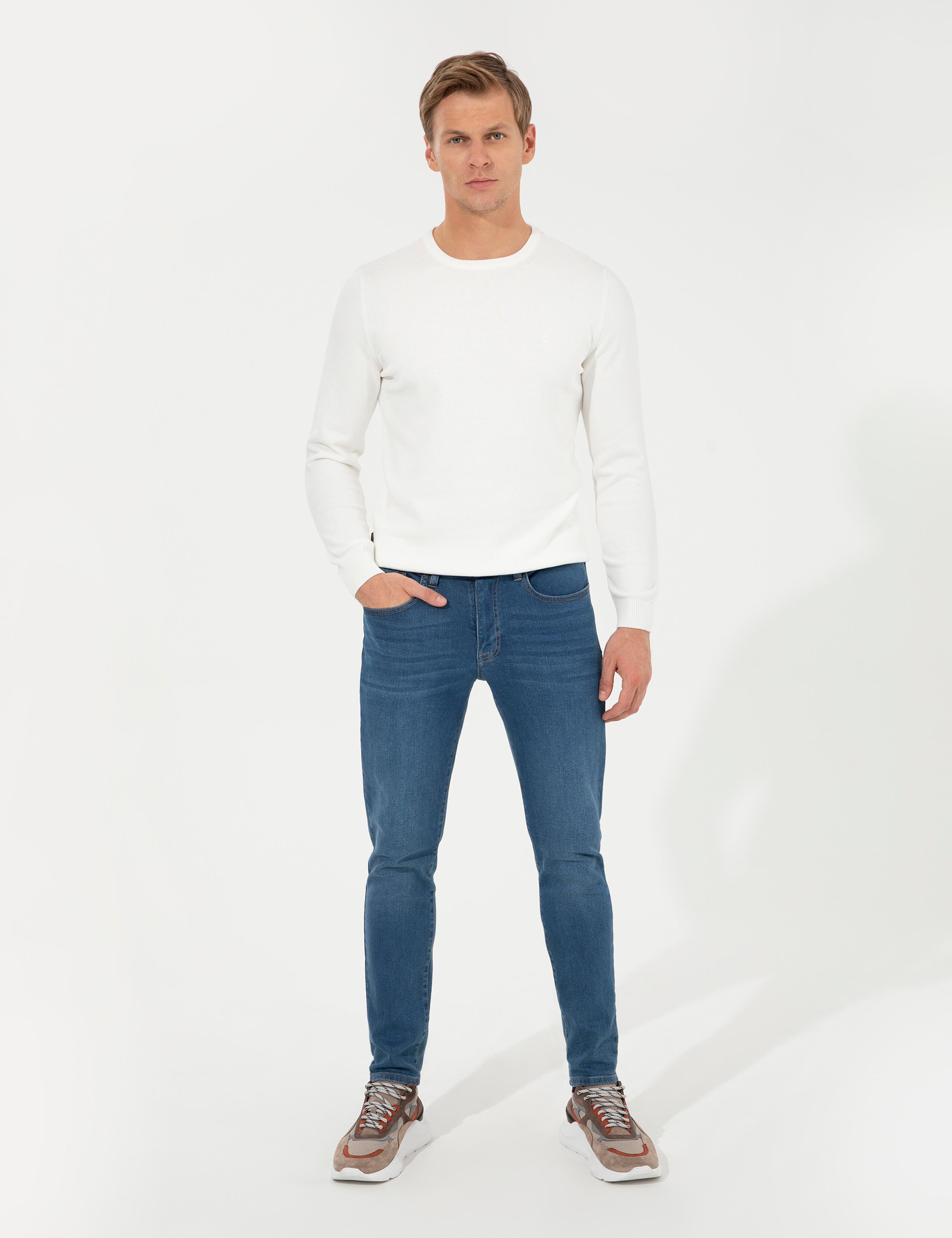 Ekru Slim Fit Bisiklet Yaka Basic Triko Kazak