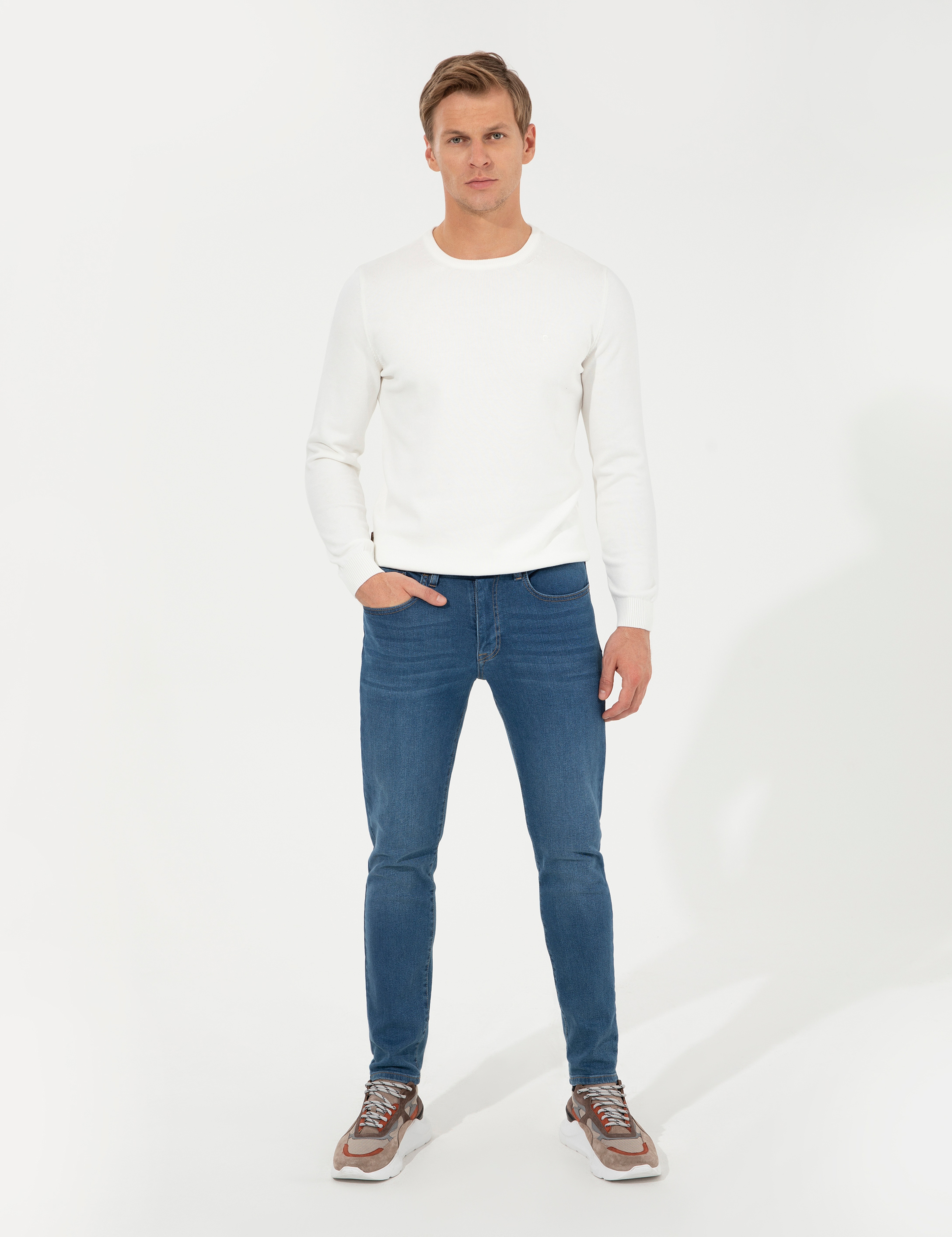 Ekru Slim Fit Bisiklet Yaka Basic Triko Kazak - Image 4