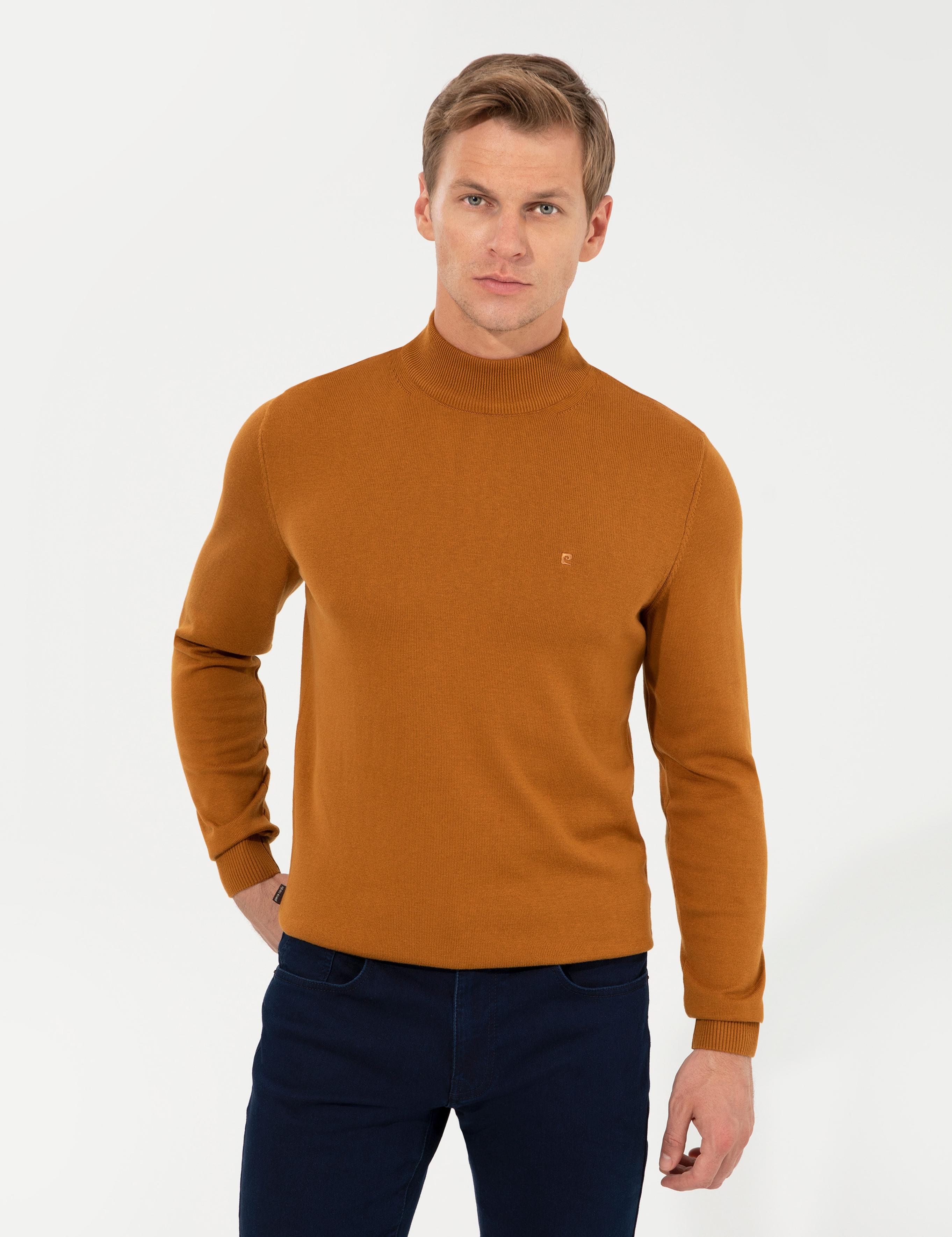 Kahverengi Slim Fit Yarım Balıkçı Yaka Basic Triko Kazak