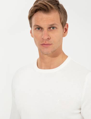 Ekru Slim Fit Bisiklet Yaka Basic Triko Kazak