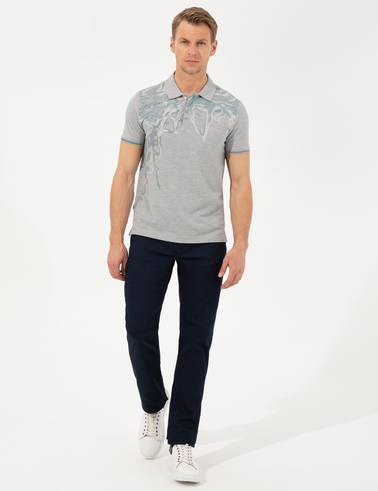 Gri Melanj Slim Fit Baskılı Polo Yaka Tişört